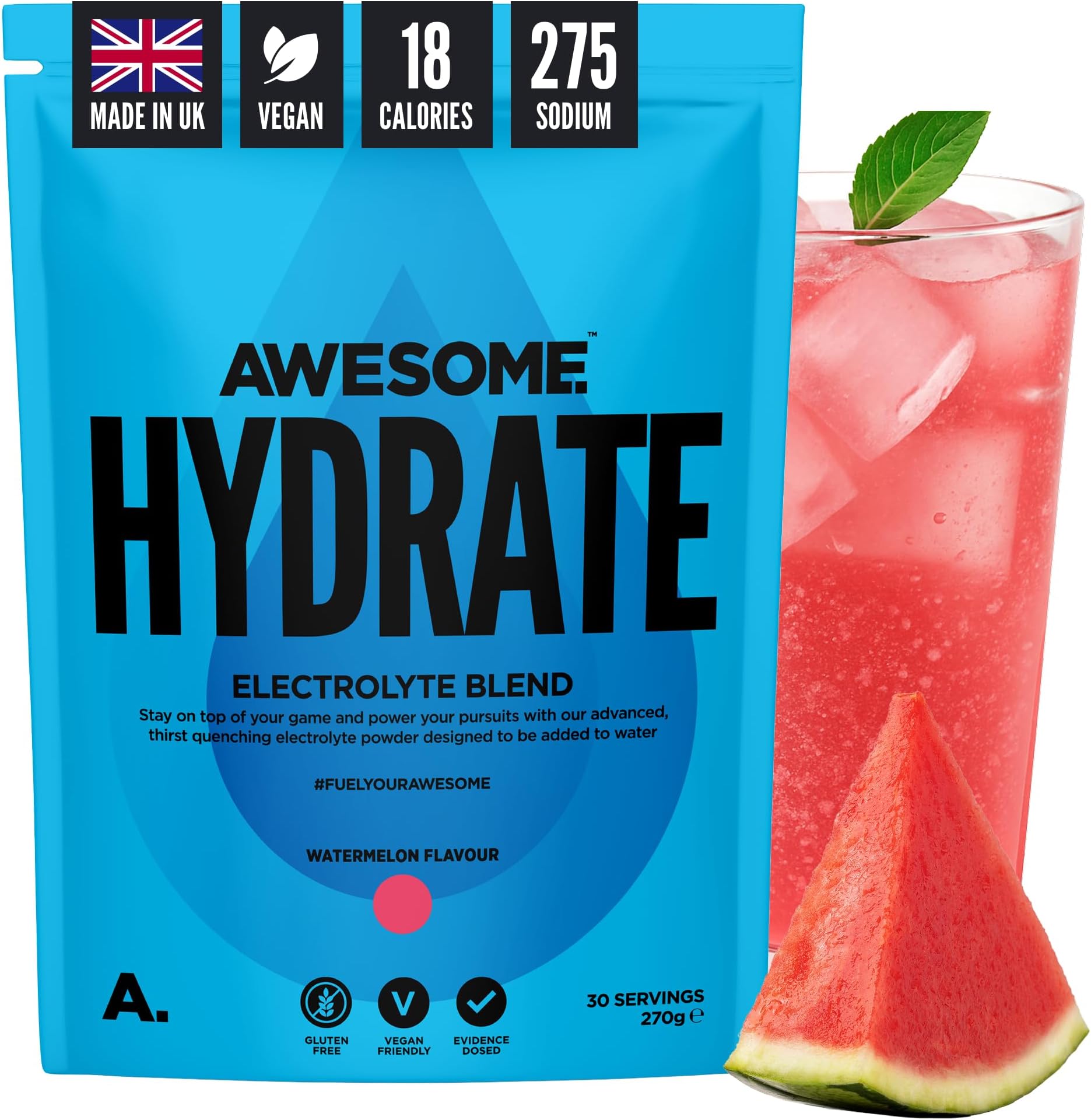 Awesome Hydrate – Vegan Electrolytes Powder – 270g Instant Electrolytes Powder – Sodium, Zero Calorie, Potassium Supplements – Vegan & Gluten-Free Hydration Supplement – (Watermelon Flavour, 270g