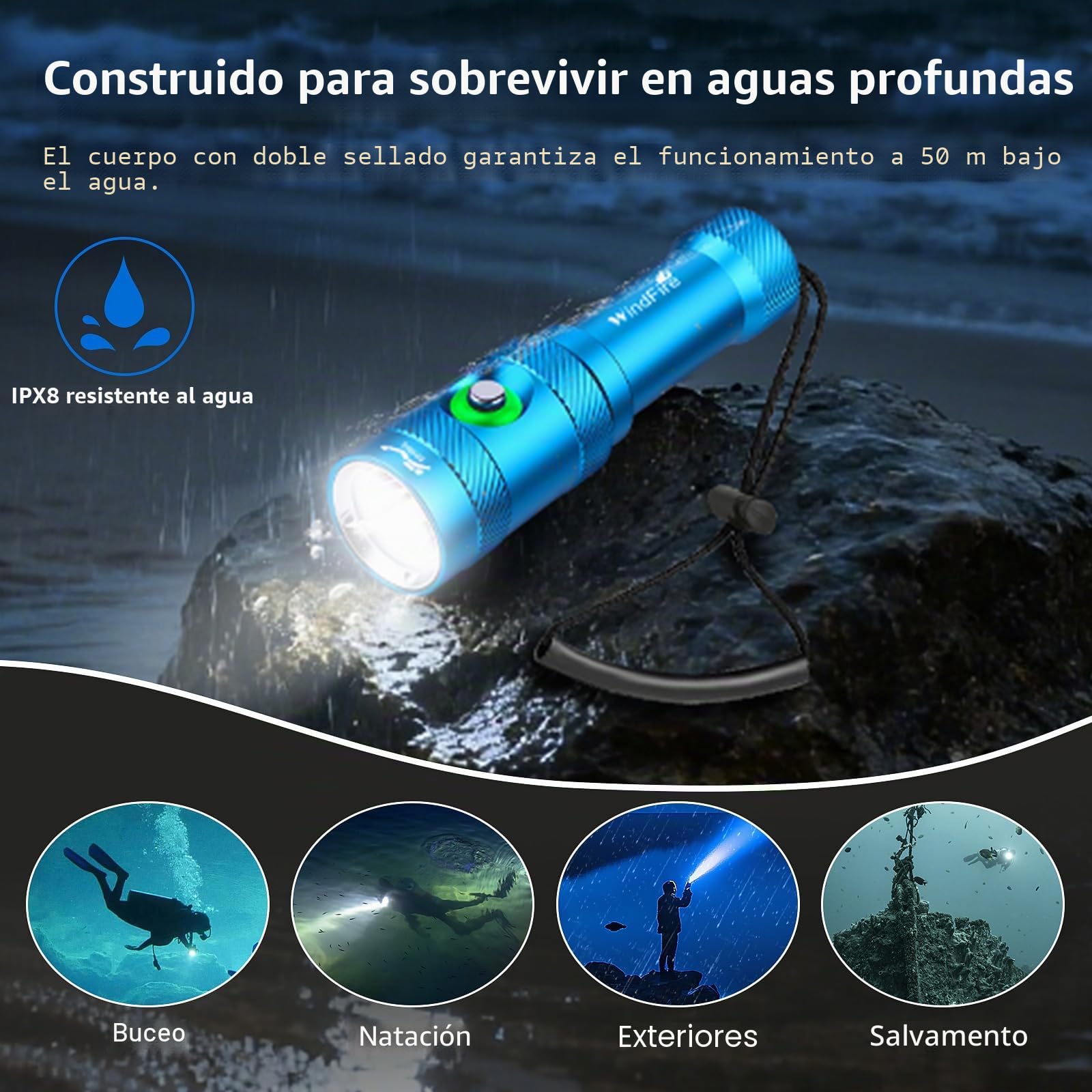 WINDFIRE Linternas de buceo, IPX8 impermeable profesional recargable luz de buceo, linterna submarinismo