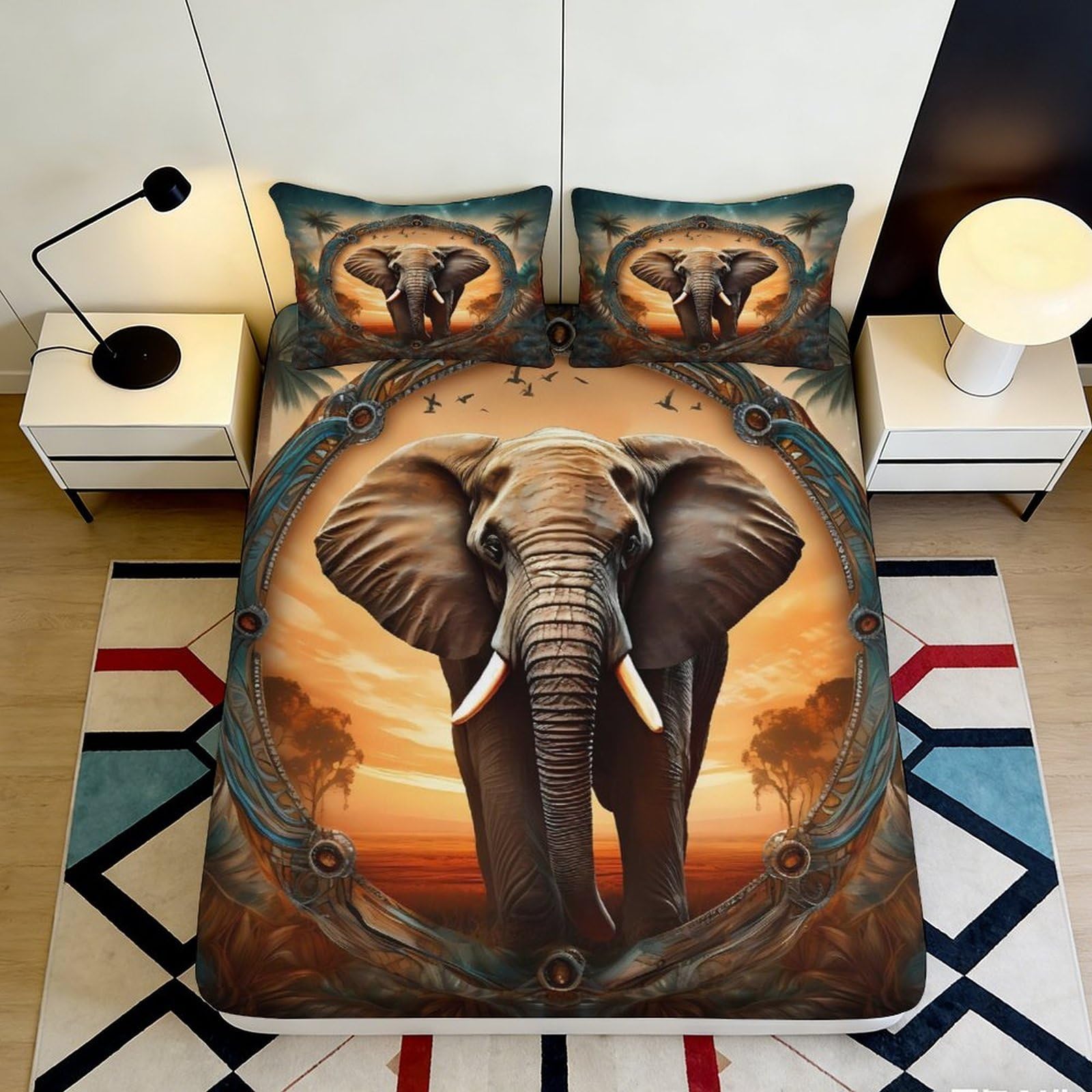3D Printed Elephant Sunset Fitted Sheet Microfiber Decorative African Wildlife Bed Cover for Bedroom Dorm Mattress Protection 90x200x25cm