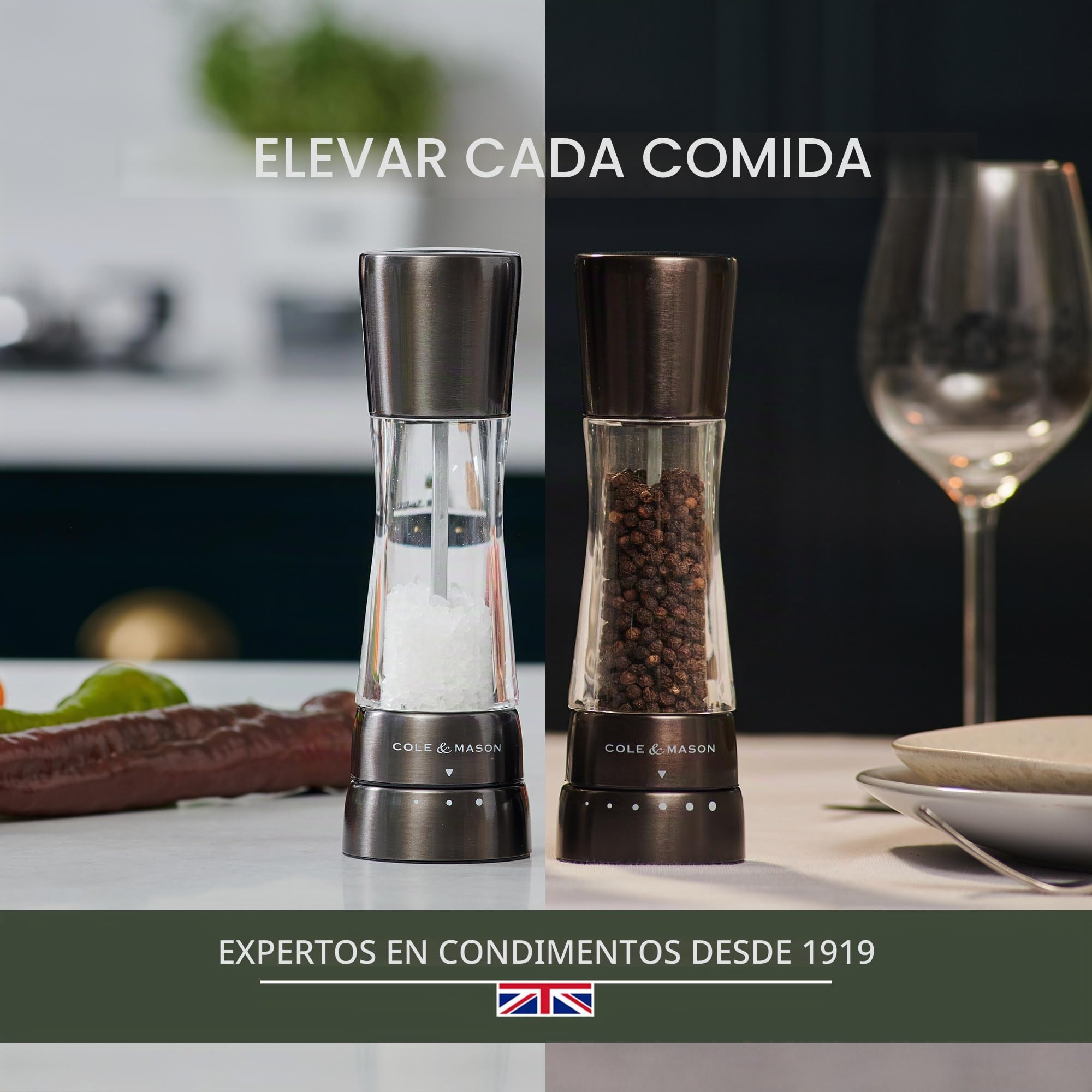 Cole & Mason Derwent Gunmetal Molinillos de Sal y Pimienta, Molinillo Especias, Juego de Molinillos con Grosor Ajustable, Acero Inoxidable/Acrílico, 190mm, H59428G