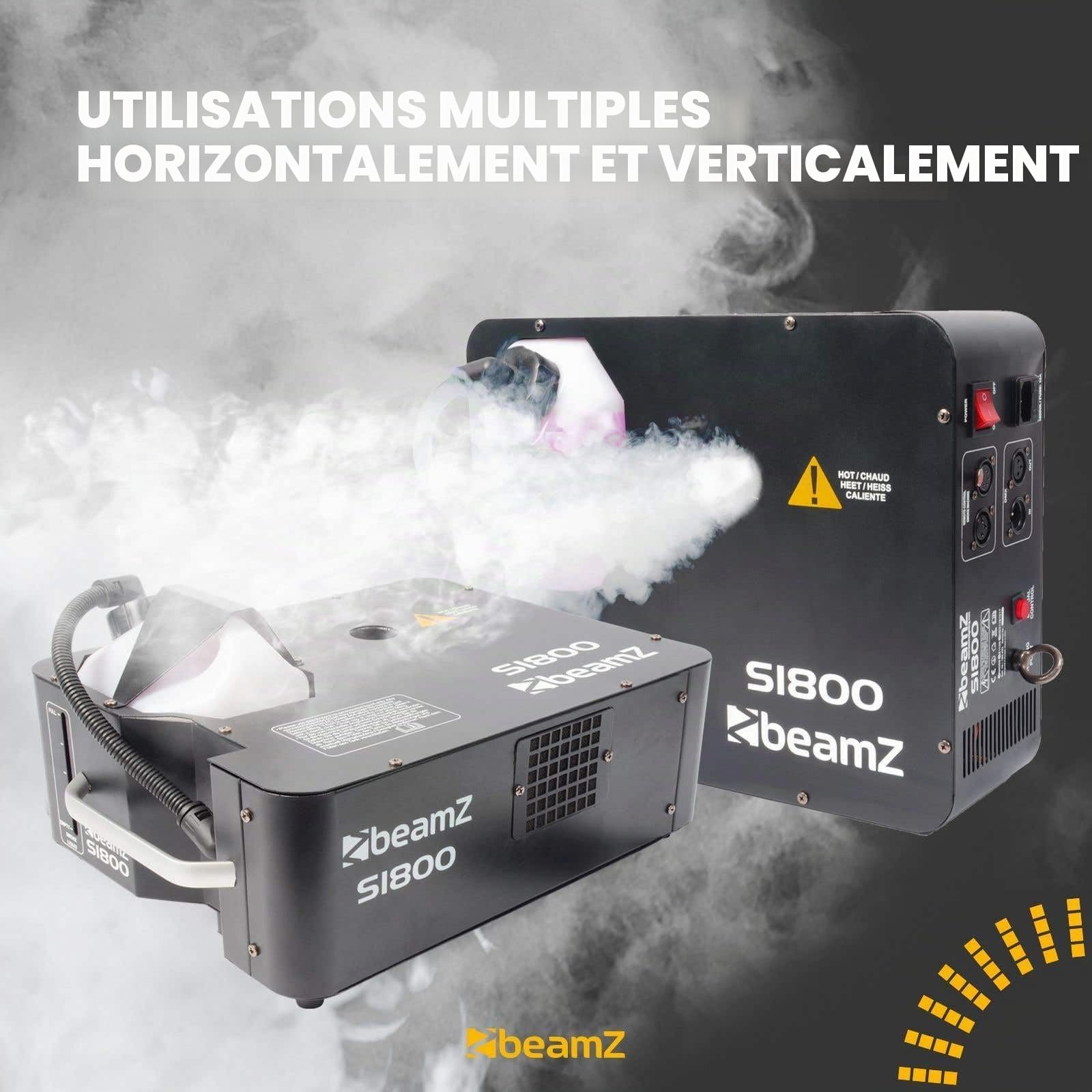BeamZ S1800 Machine à Fumée 1800 W, DMX, Télécommande 3m, 350 m³ de Fumée par Minute, Position Horizontale ou Verticale, Réservoir Amovible 2,5 L, Idéal pour Concerts, Shows ou Discothèques