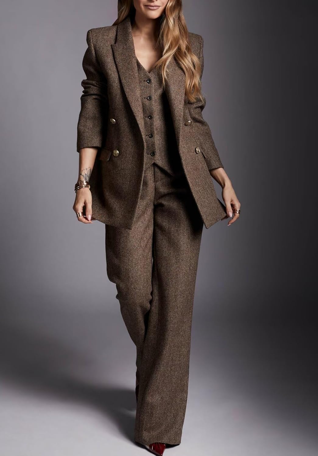Women's Herringbone Tweed 3 Piece Suit Business Casual Office Work Outfits - Image 2
