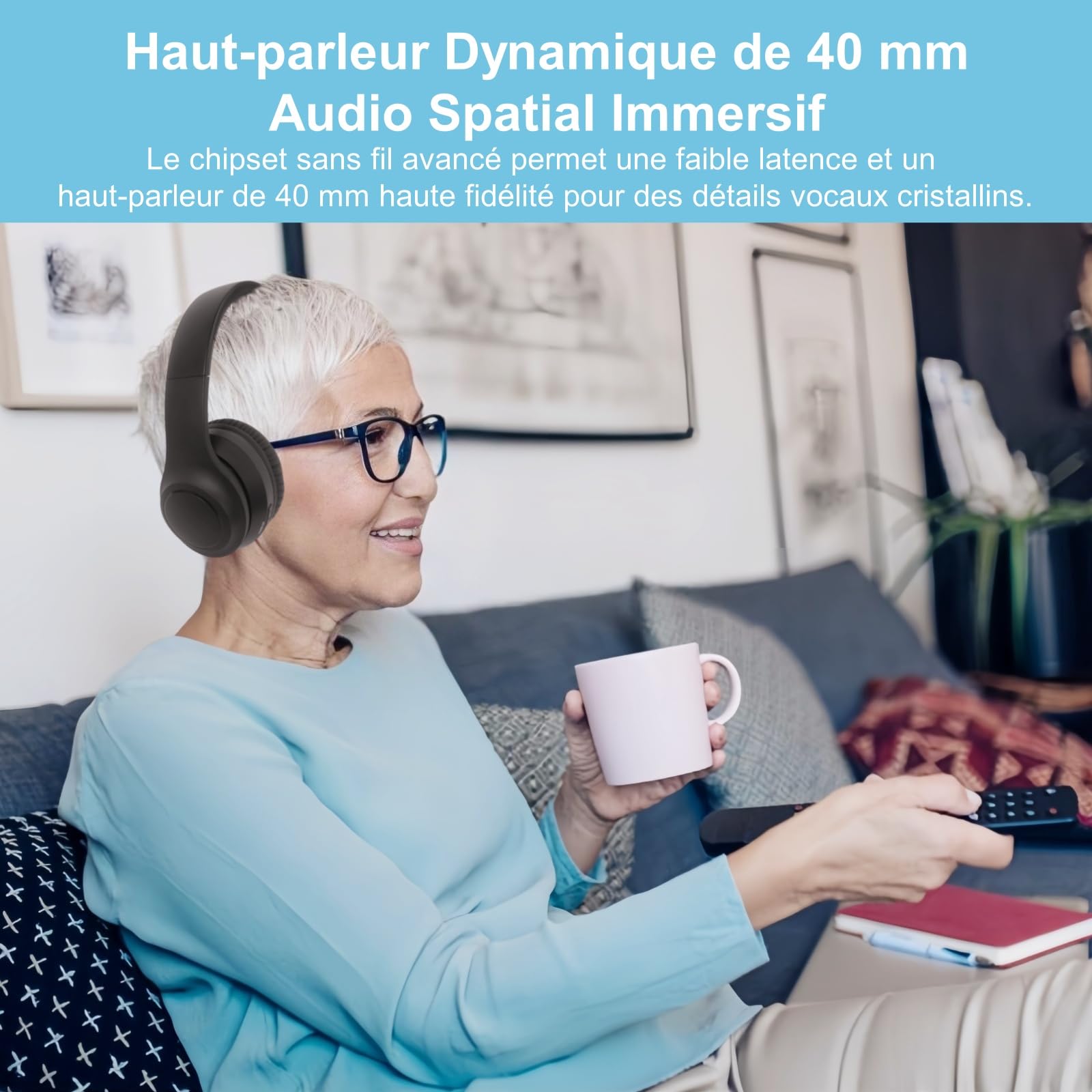 Casque Audio TV sans Fil ANC - Pliable pour Voyage - Émetteur Bluetooth & Sorties Audio (Optique/Coaxial/RCA/AUX 3.5mm/USB) - pour Séniors & Toutes TVs/Box TV