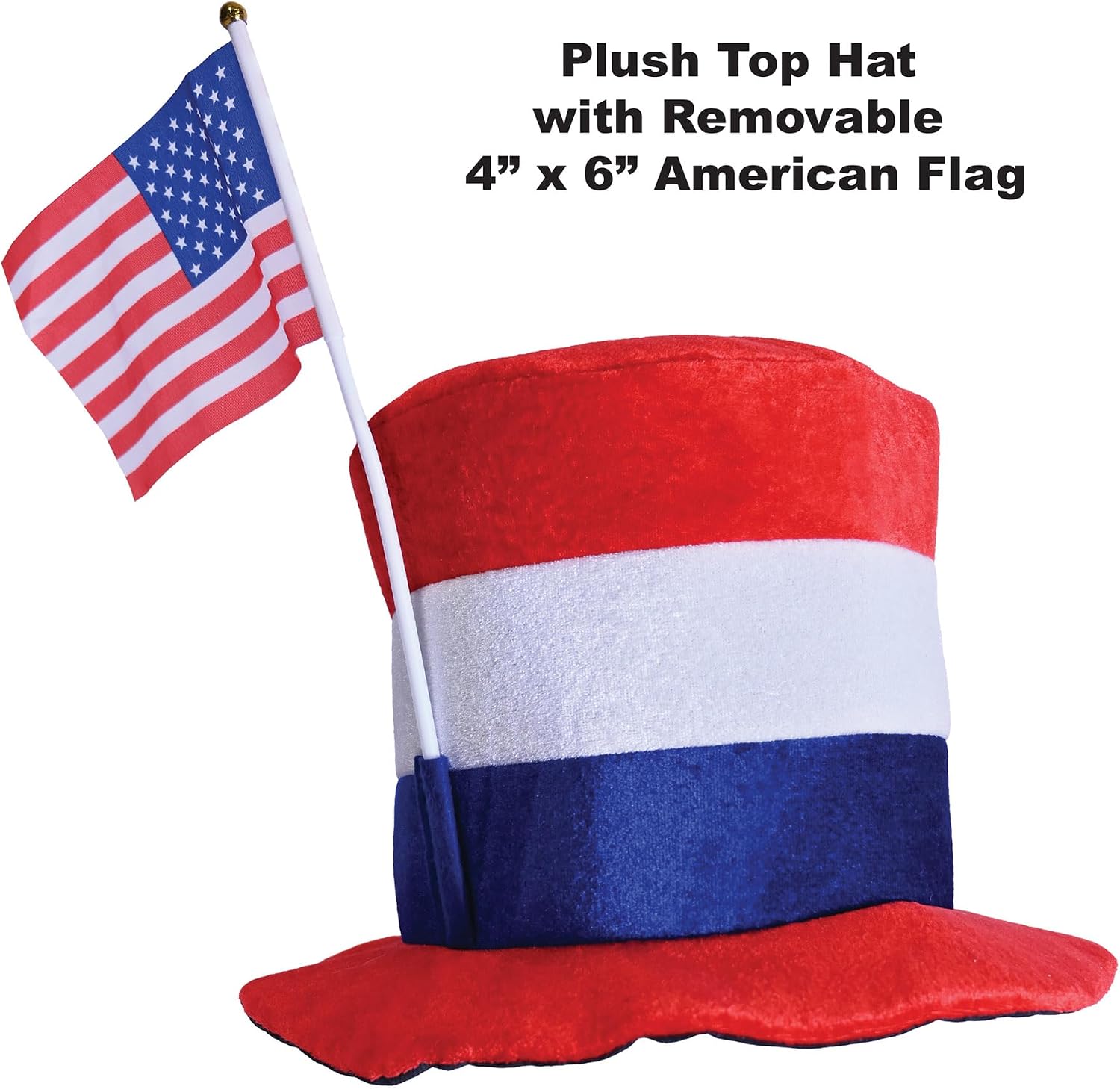 Beistle Plush Patriotic Top Hat with American Flag – Red, White & Blue Striped Headwear with Removable USA Flag, Novelty Americana Accessory for Fourth of July, Memorial Day & Patriotic Event Styling