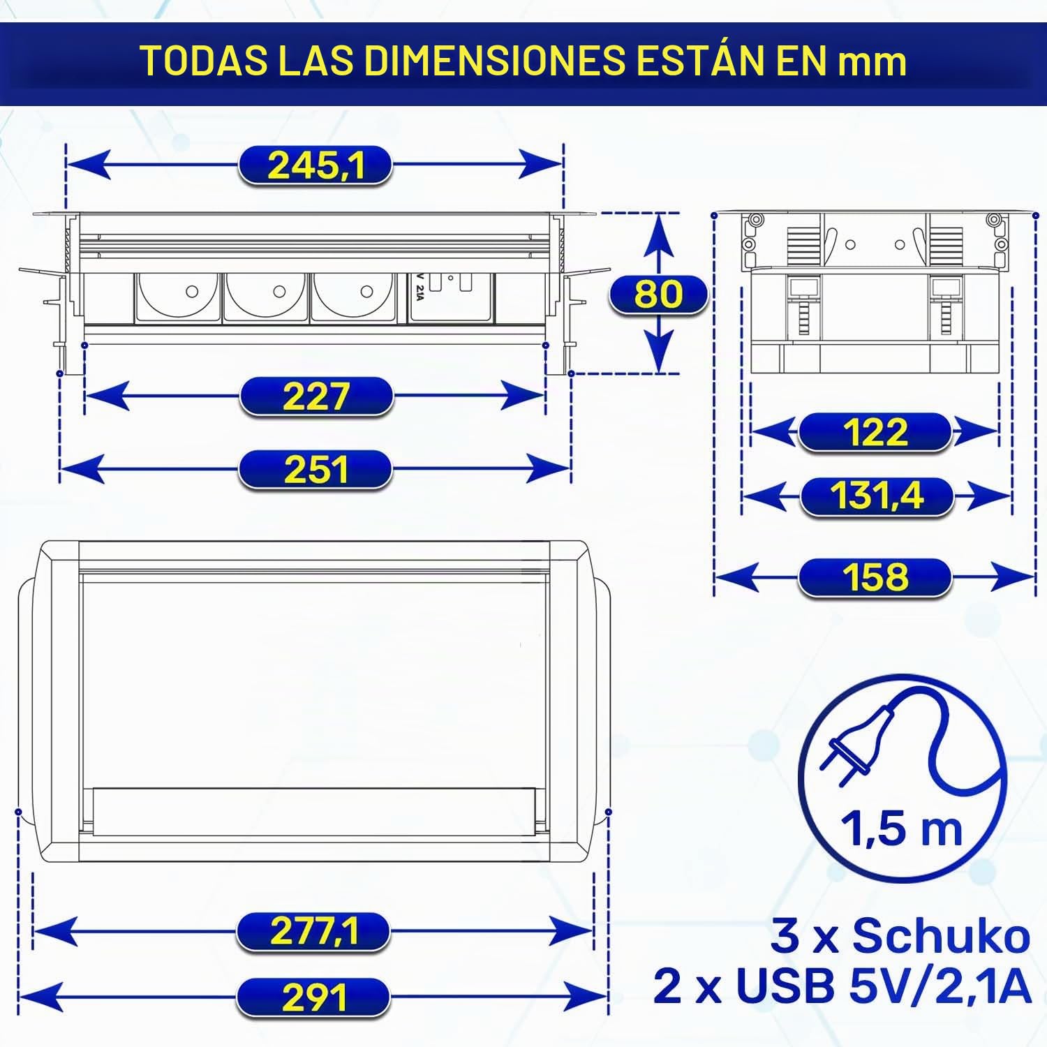 Enchufe Empotrable Mesa 291x158 mm con Cable Alimentación de 1,5 m - Regleta Empotrable 3 x Schuko y 2 x USB 5V/2,1A - Garantía de 10 Años - MONTERAL