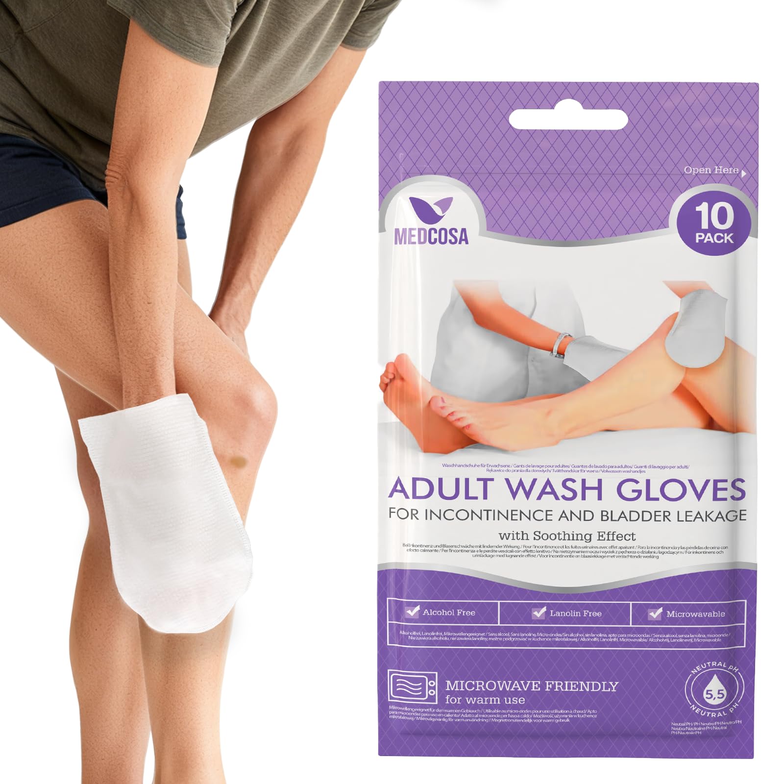 Medcosa Adult Washcloths - Unique Disposable Body Wipes Shaped Like a Glove - Unscented, Premoistened Wet Wipes - Pack of 10 Wash Cloths