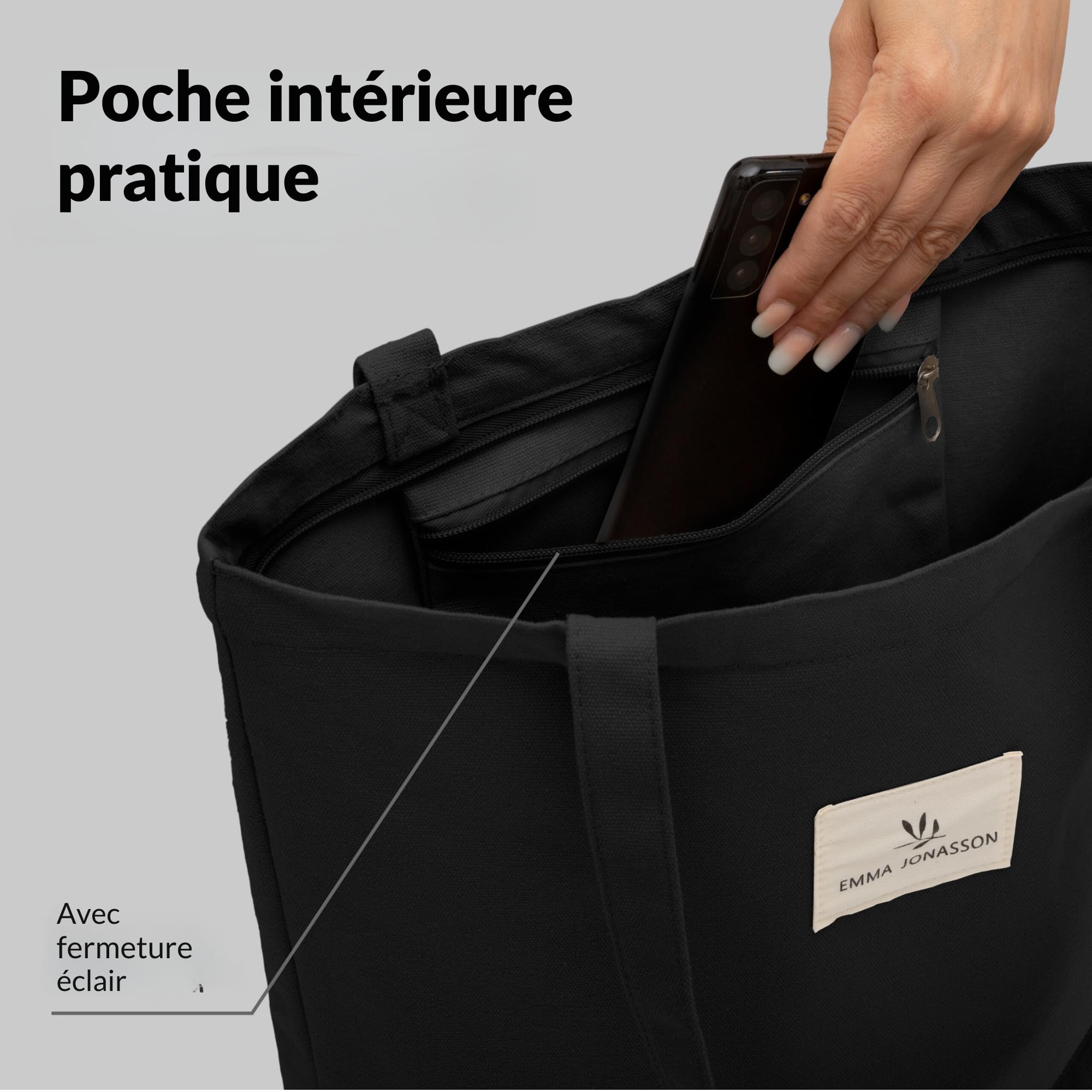 Tote Bag Femme Sac en Toile avec Fermeture éclair Poche intérieure Canvas Coton