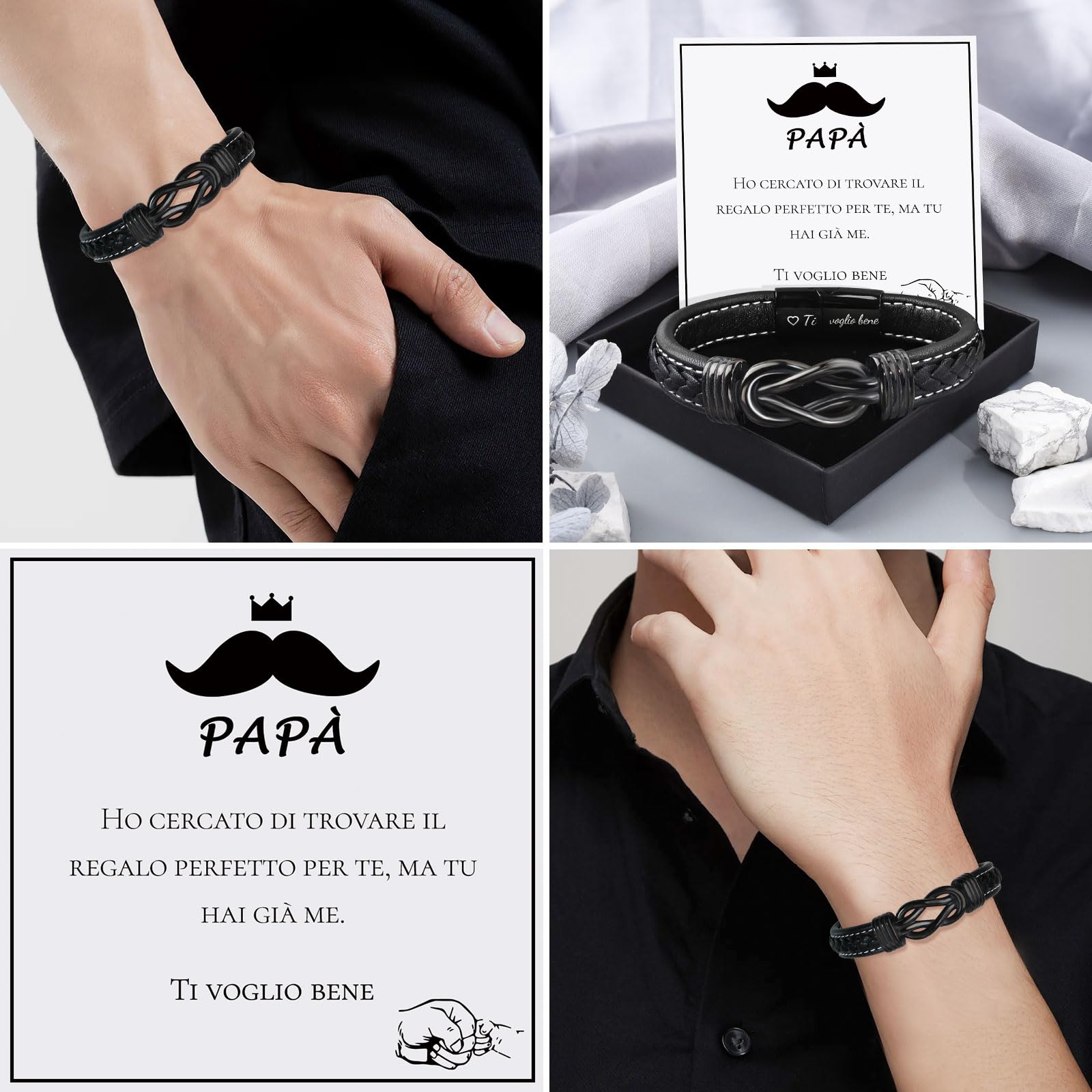 VU100 Regalo per Papà/Figlio/Uomo Bracciale in pelle per Uomo Bracciale Ti Amo Regalo per la Festa del Papà Regalo di compleanno per Figlio Fidanzato Marito Papà-Con Scatola Regalo