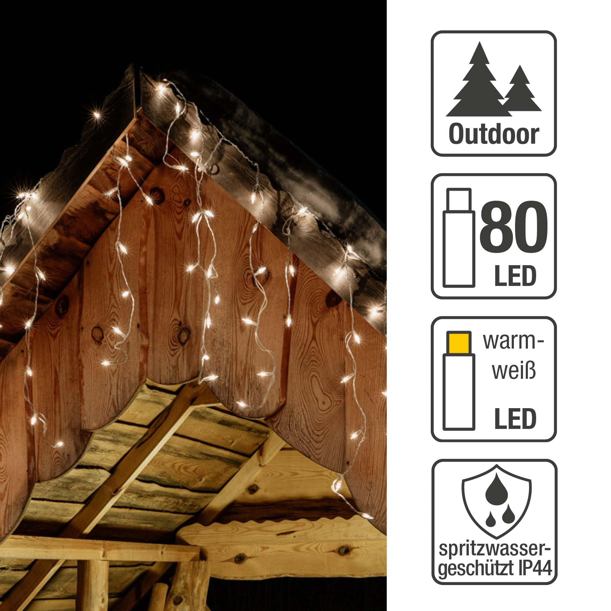 hellum LED-System Profi Lichterkette Außen verlängerbar Eisregen-Vorhang warmweiß 80 LED (16 blinken dezent), ohne Netzkabel, beleuchtet 1,9m 20 Stränge, weißes Kabel, <59lm 555417