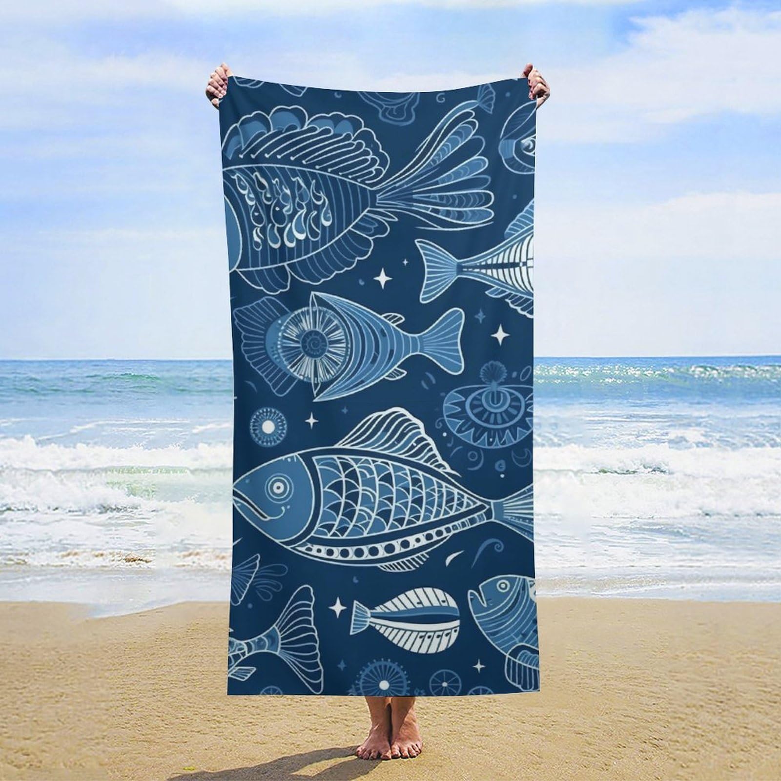 NTVOWPZO Fish and Shells Beach Towel Oversized Microfiber Bath Towels Lightweight Sand Proof Beach Towels Absorbent Pool Towels for Swimming Yoga Bathroom Towel 31.5" X 63"