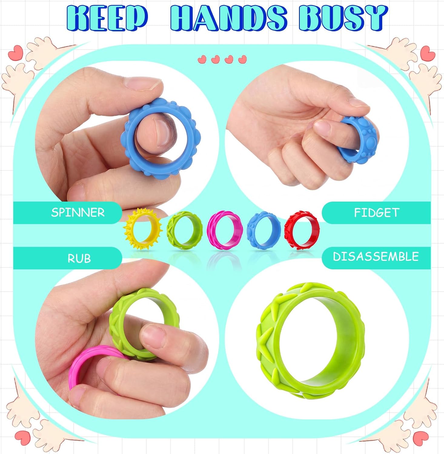 48 Pack Sensory Toys Fidget Rings for Kids Texture Finger Spinner Rings for Anxiety Relief Autism ADHD Quiet Fidgets for Classroom Prizes Party Favors Bulk Piñata Stuffers