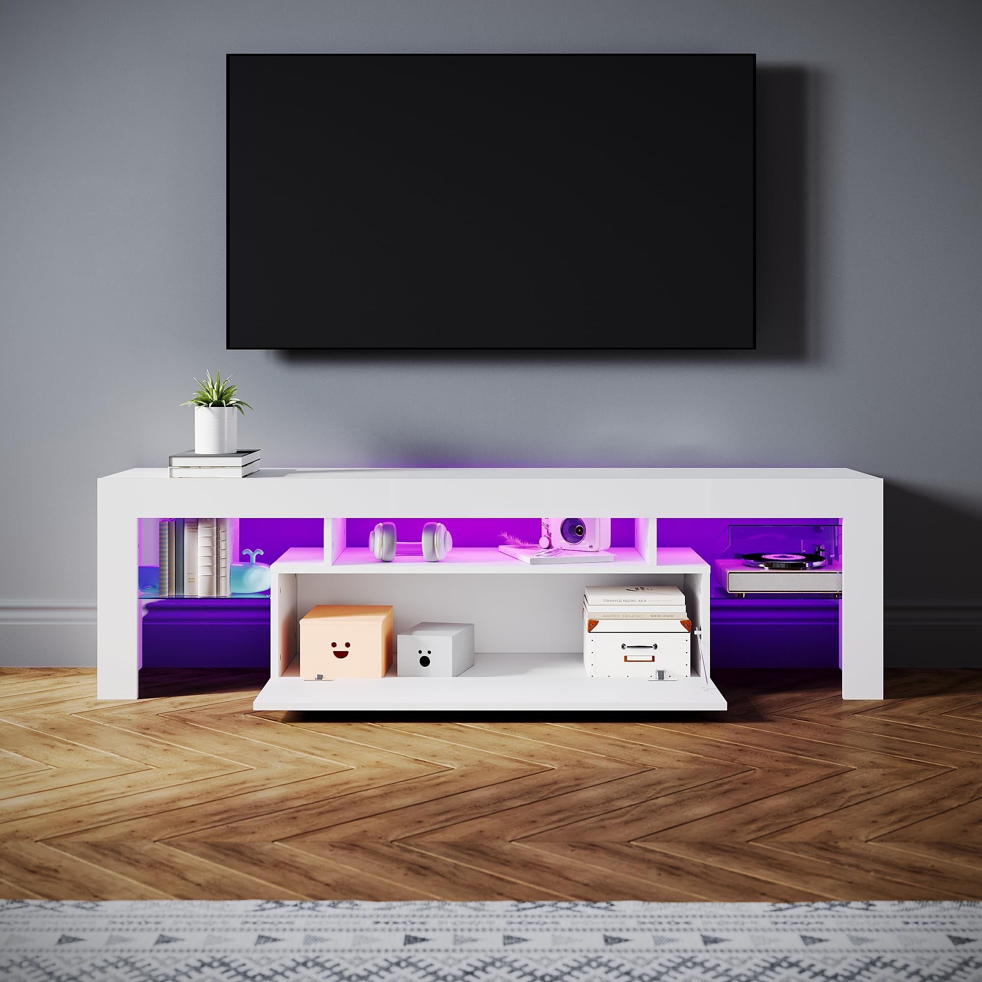 SONNI Meuble TV moderne de 160 cm, blanc brillant avec éclairage LED, tiroir, étagères en verre ouvertes, pour TV jusqu'à 65" salon et chambre à coucher, 160 x 35 x 45 cm