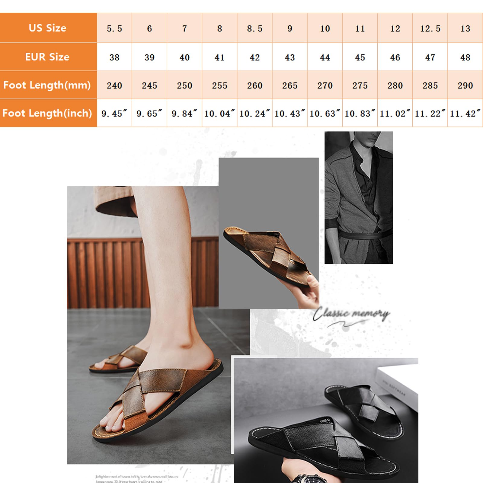 Sandalias de piel auténtica para hombre, cómodas, ligeras, abiertas, redondas, sin cordones, para exteriores, caminar, sandalias casuales de playa, Negro, 46 EU