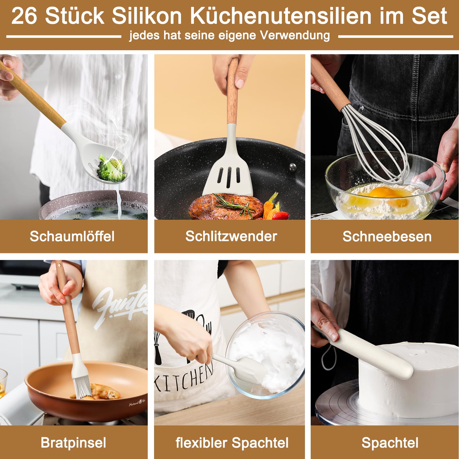Keukenhulpset, 26 stuks siliconen kookgerei, kookgereiset, hittebestendig kookgerei met keukengereihouder, anti-aanbaklaag, kookset keukengerei met houten handvat, tongs, whisk, spatel - wit