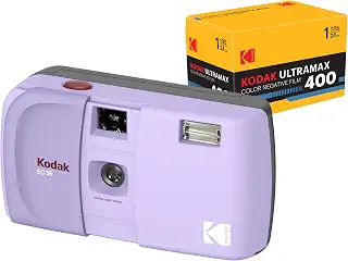 コダック EC35 35mmフィルムカメラ、35mm判、再利用可能、フォーカスフリー、内蔵フラッシュ、スライドカバー付き、初心者向け（ラベンダー）Kodak ウルトラマックス 400/24EXP ロールフィルム付き