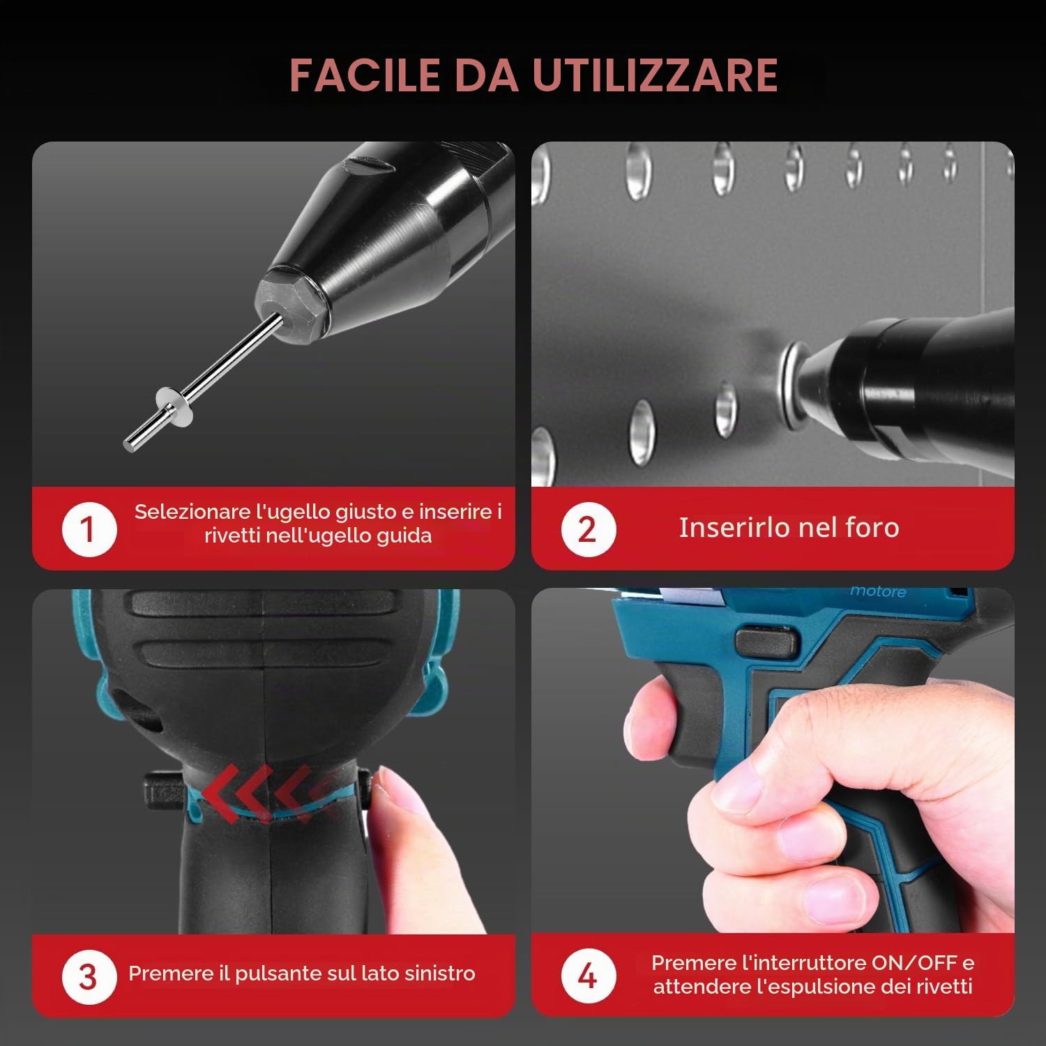 ONEVAN Pinza per rivetti a batteria, corsa 20mm, 20000N, pistola senza spazzole, automatica, con 2 batterie e 4 guide (3,2/4,0/4,8mm) per rivetti da Ø2,4-5,0 mm