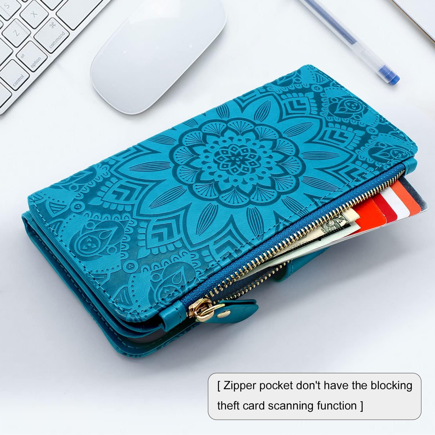 Harryshell [Block Theft Card Scanning, U Leather Flip Wallet Case Cover Zipper Pocket Wrist Strap Kickstand Compatible with Nokia G300 5G 6.5" (N1374DL) (Flower Blue)