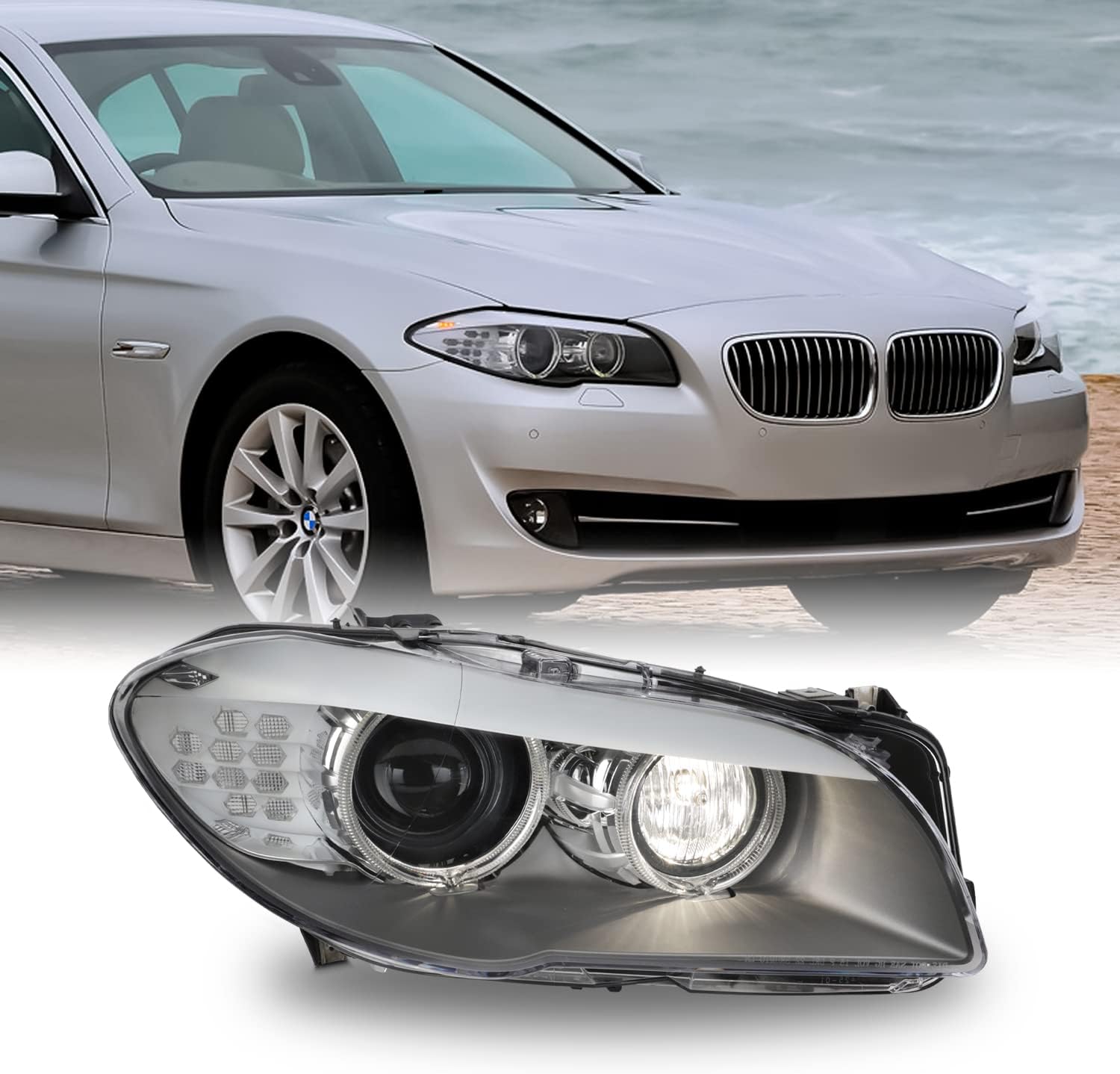 AKKON - Fits 2011 2012 2013 BMW F10 528i 535i 550i [HID/Xenon Type] w/AFS Projector Chrome Headlight Passenger Right