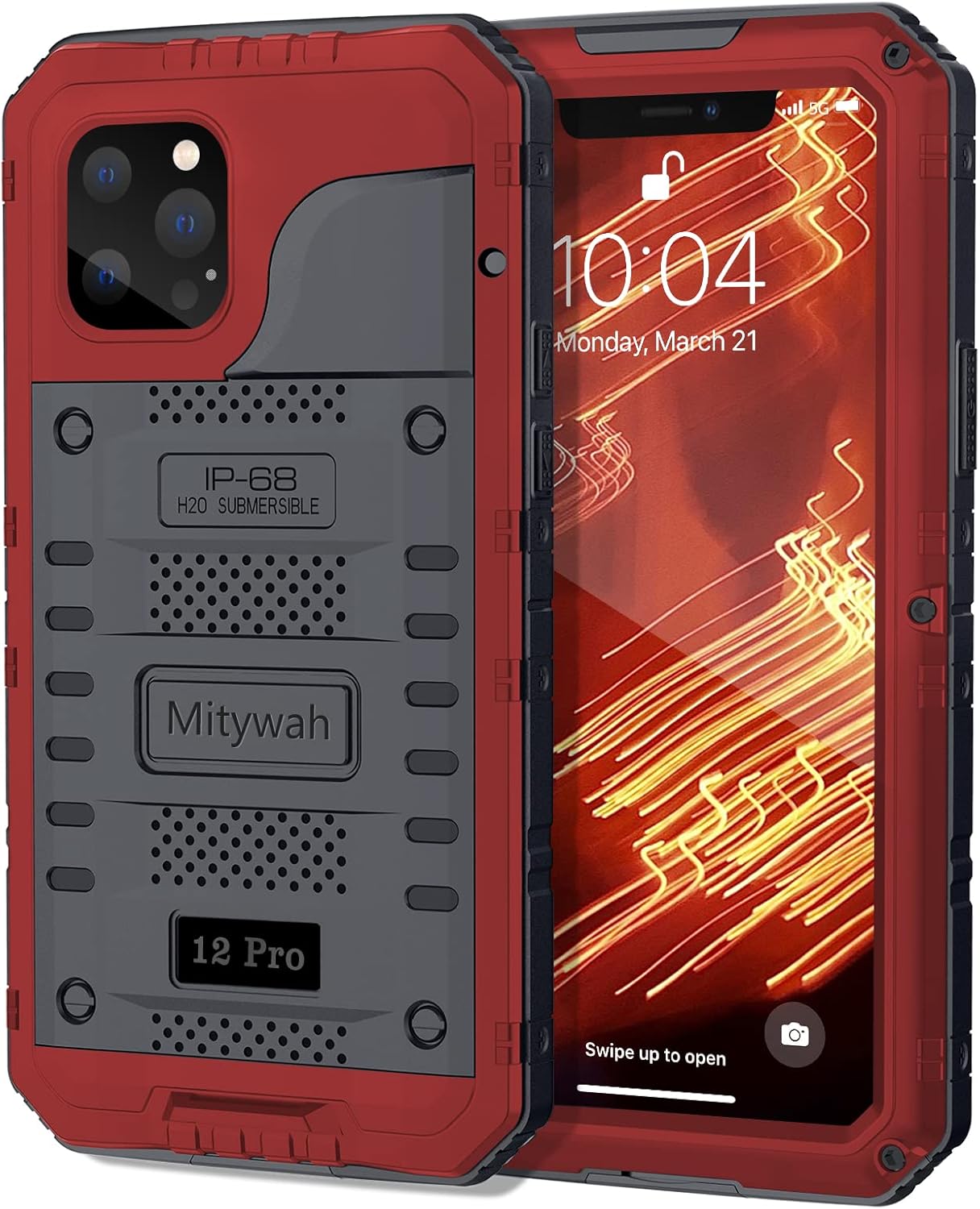 Mitywah Waterproof Case for iPhone 12 Pro, Heavy Duty Shockproof Case with Built-in Screen Protector, Full Body Underwater Protective Metal Case 6.1 inch, Red