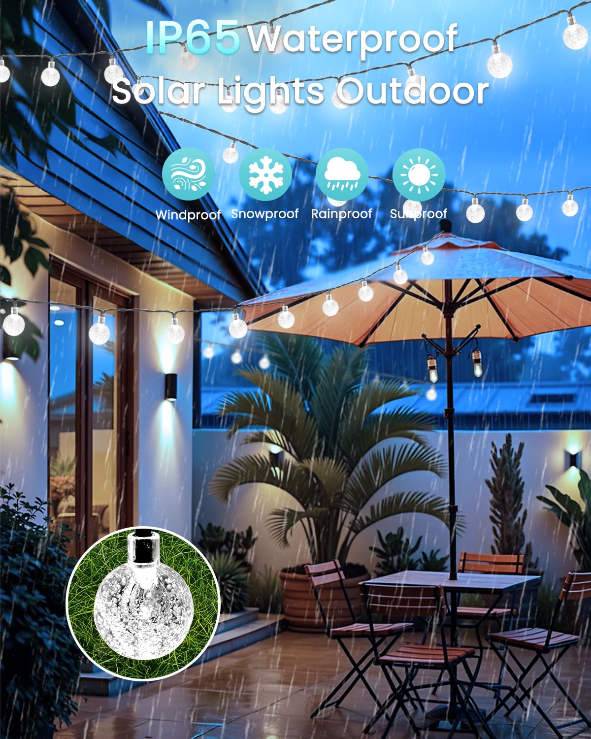 Weiße 2er-Packung 100 LED 1,8 m Kristallkugel Solar-Weihnachtslichter für den Außenbereich, wasserdichte Solar-Lichterkette für den Außenbereich, dekorativ, 8 Beleuchtungsmodi, Solar-Terrassenlichter