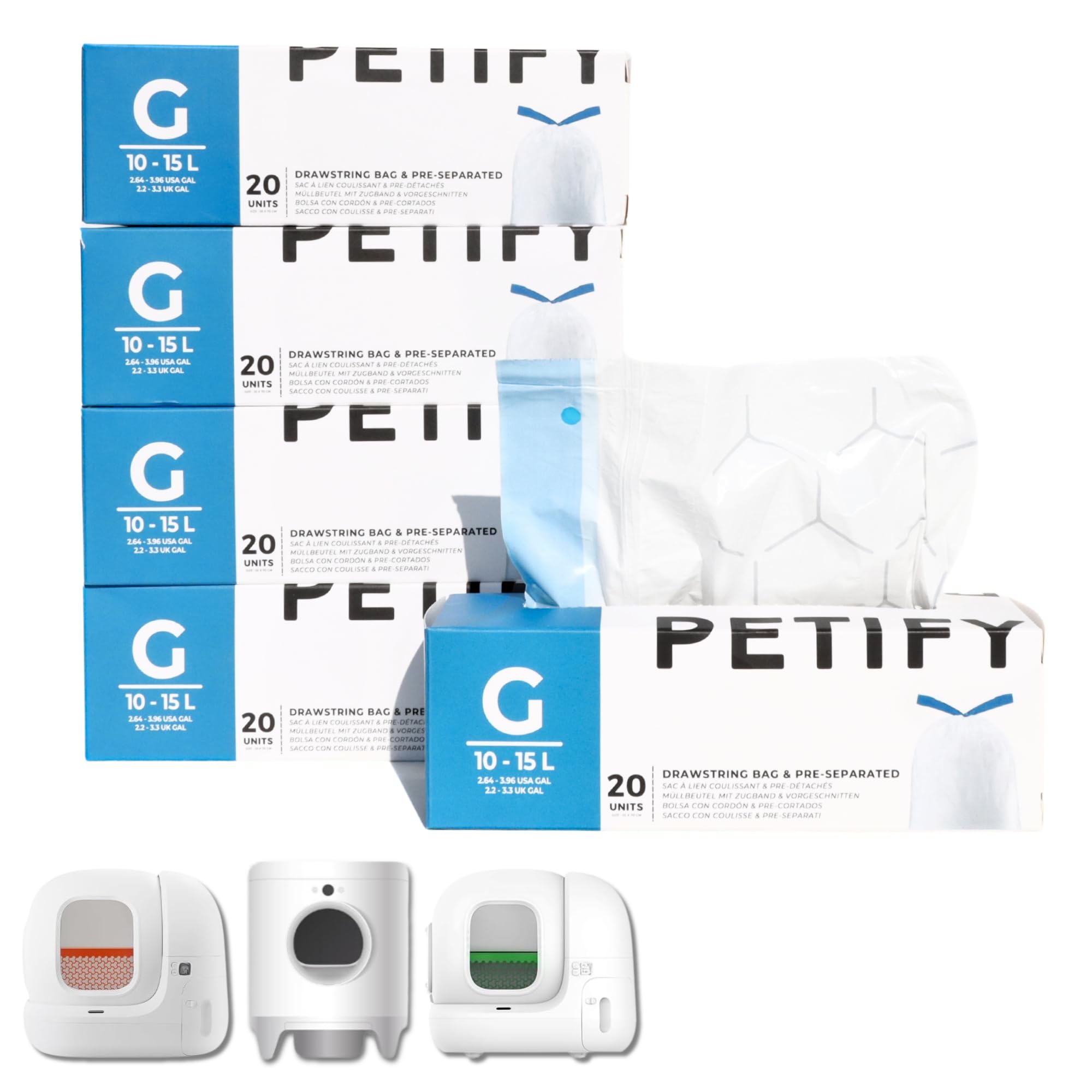 Sac Poubelle pour Litière Automatique Chat - Compatible Petkit Pura Max 2, Pura X - Lot de 5 Rouleaux (100 Sacs Pré-Séparés) Résistantes avec Cordon Code du Sac G Éco Pack avec Dévidoir Intégré