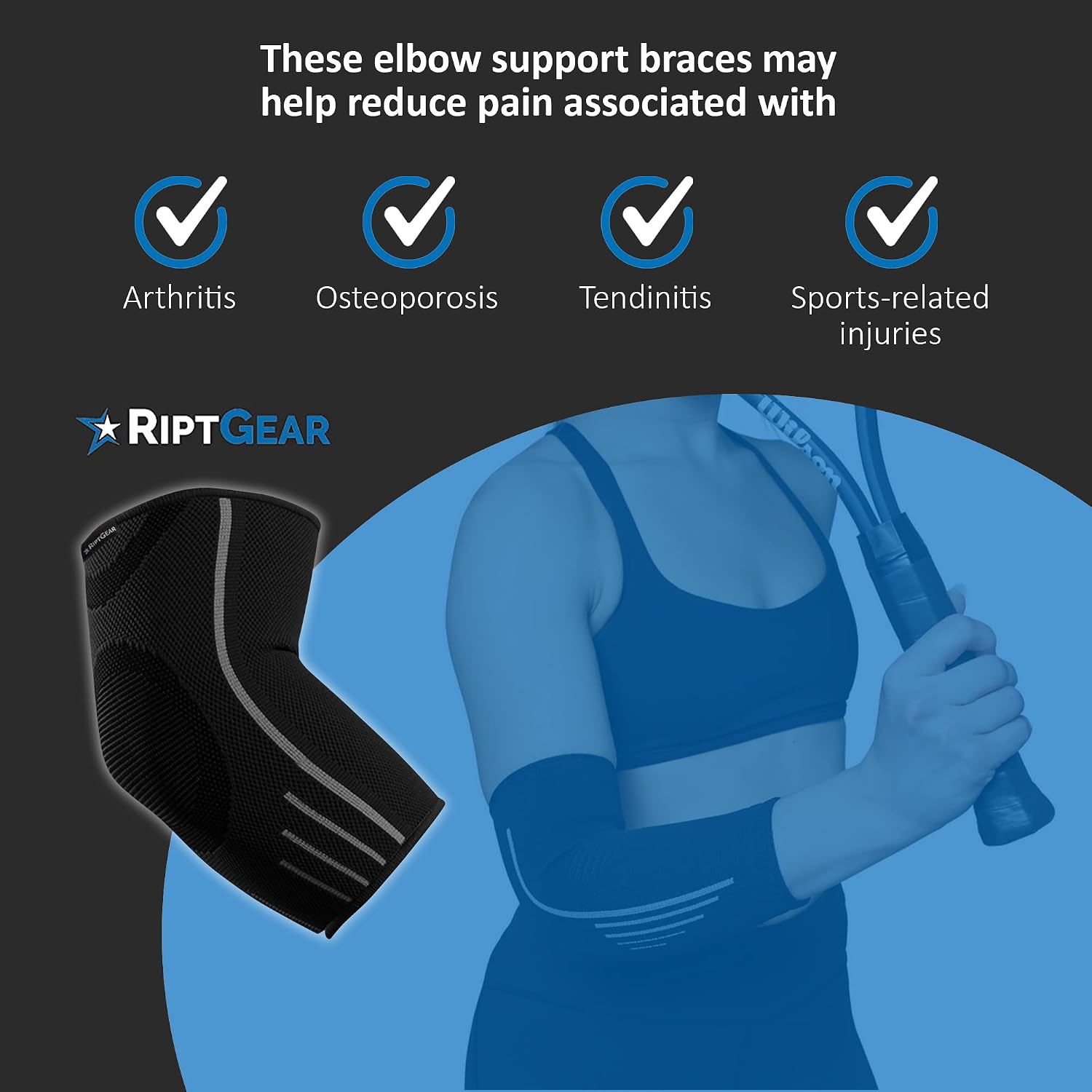 RiptGear Elbow Brace for Tendonitis and Tennis Elbow for Men and Women - Elbow Compression Sleeve for Bursitis - Elbow Brace for Golfers Elbow - Support Compression Sleeves (Medium, Black (1 Pack))