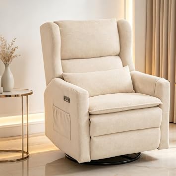 Power Recliner Chair Swivel Glider,Oversized Nursery Chair Recliner with Lumbar Support, Upholstered Swivel Rocker Recliner Chair, Glider Nursery Chair with Adjustable Headrest, Beige