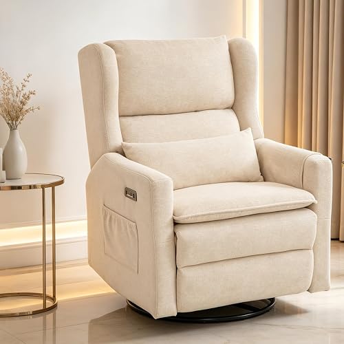 Power Recliner Chair Swivel Glider,Oversized Nursery Chair Recliner with Lumbar Support, Upholstered Swivel Rocker Recliner Chair, Glider Nursery Chair with Adjustable Headrest, Beige
