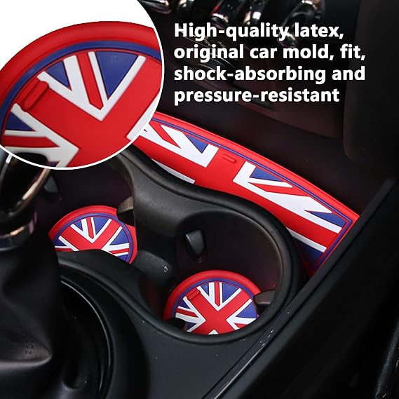 Mini Cooper Accessories, Car Cup Holder Coaster for F55 F56 F60, 3PCS Silicone Anti-Slip Shockproof Insert Coasters with Storage Box, Union Jack Blue UK Flag Design
