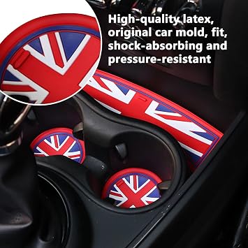 Mini Cooper Accessories, Car Cup Holder Coaster for F55 F56 F60, 3PCS Silicone Anti-Slip Shockproof Insert Coasters with Storage Box, Union Jack Blue UK Flag Design
