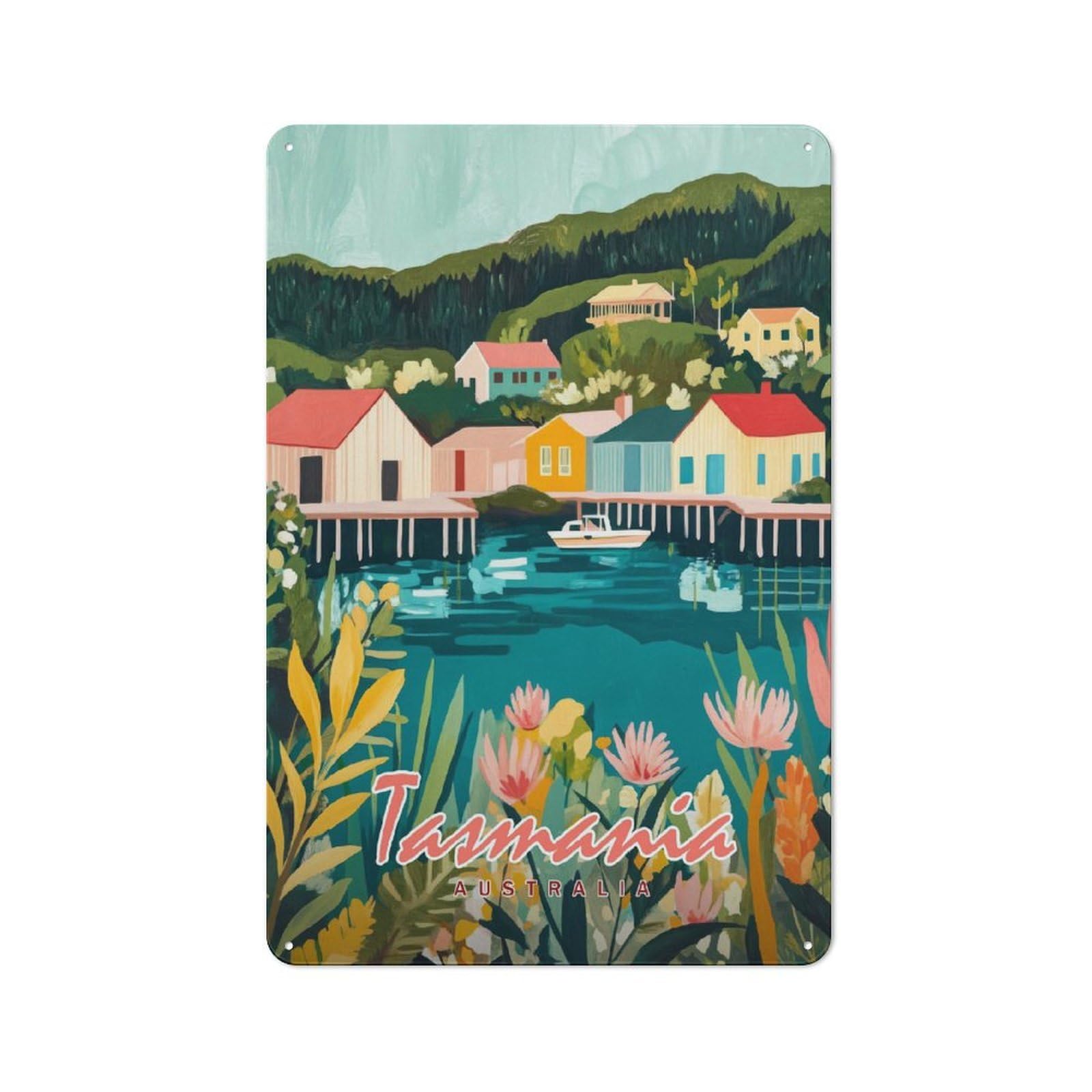Junmoney Style-17 Tasmania Watercolor Landscape Retro-Style Tin Sign 30X20cm For Guest Room Or Hallway, A Christmas Gift For People Styling Guest Room And Hallway