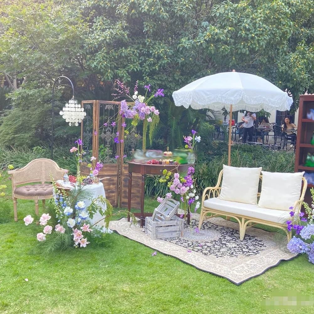 Parasol Plażowy 200 cm z Frędzlami, Parasol Ogrodowy z Ochroną UV i Odchylany z Regulowana Wysokość Słupkiem do Ogrodu i na Imprezy(Brown Pole)