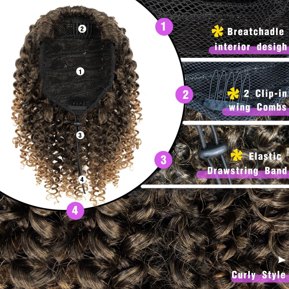 rosmile Short Kinky Curly Ponytail Extension 1B-27 Premium Ombre Brown 10 Inch Drawstring Curly Ponytail with Two Clips Synthetic Afro Ponytail for Black Women