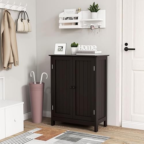 Miniatura 2 de COSTWAY Armario de almacenamiento de baño, organizador de almacenamiento de baño independiente con puertas y estante ajustable, gabinete de piso de