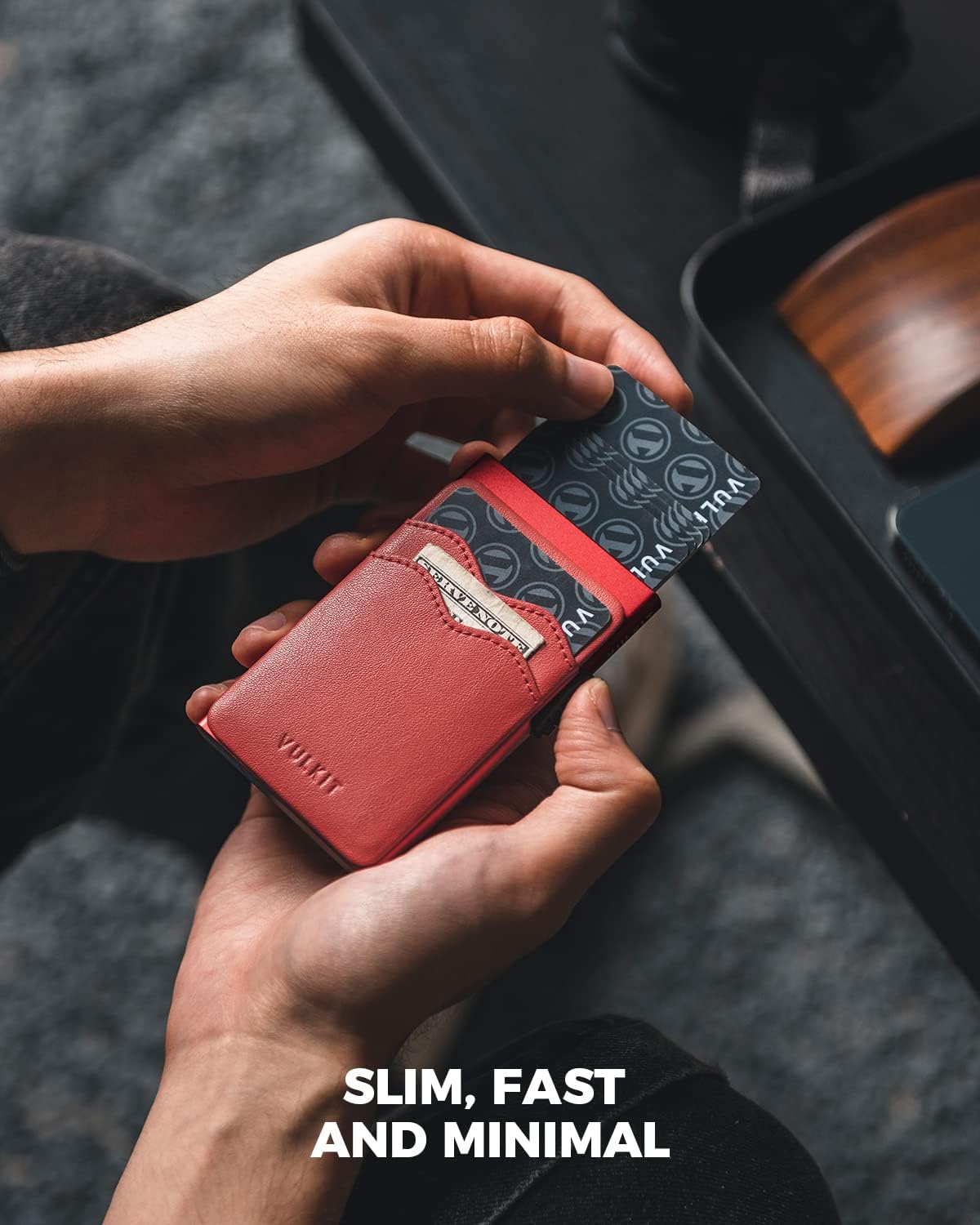 VULKIT Credit Card Holder Minimalist Slim Pop Up Wallet with Leather Slots RFID Blocking for Men and Women Holds 7 Cards and Notes Red - Image 2