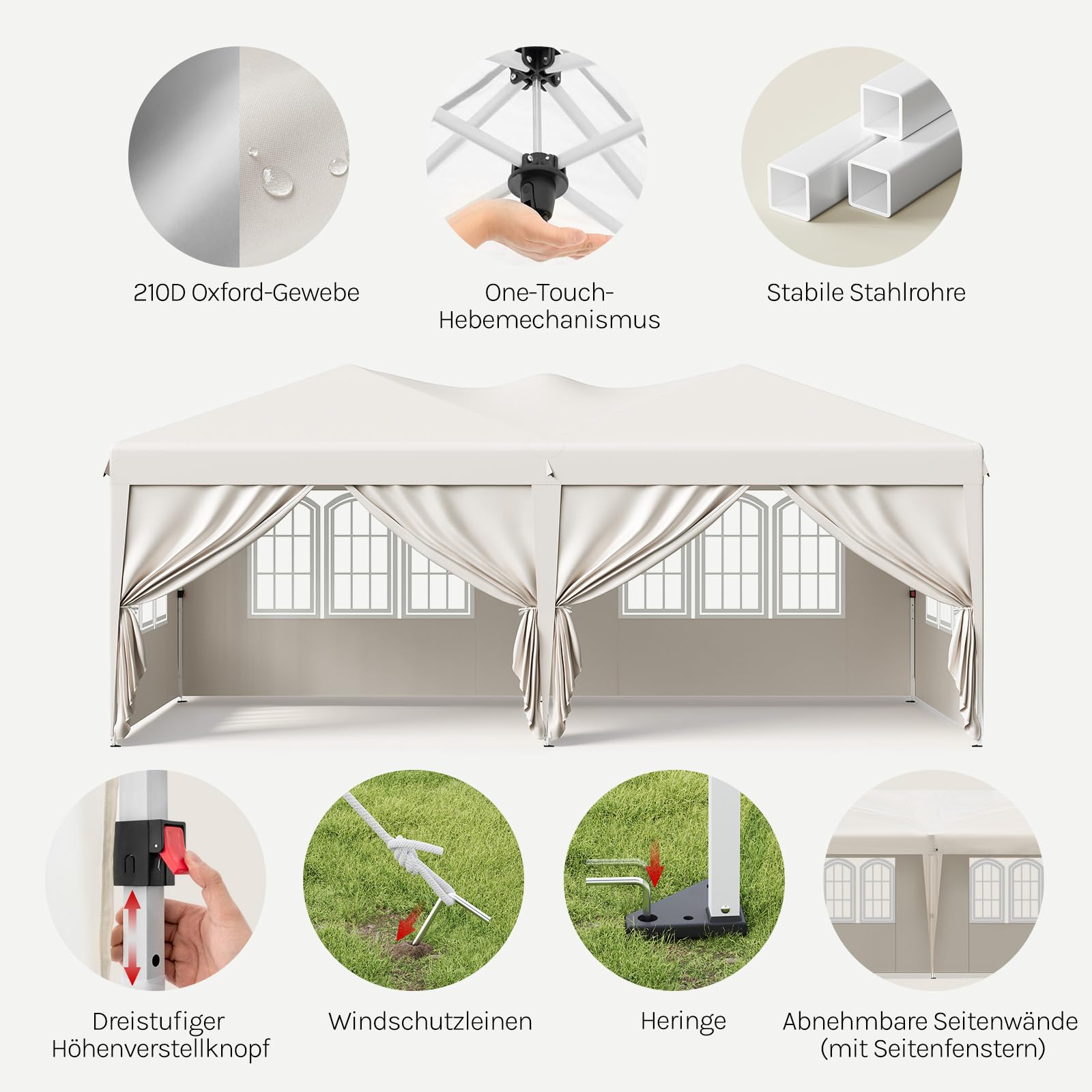WOLTU Pavillon, mit 6 Seitenwänden, Faltpavillon 3x6 Pop Up, höhenverstellbarer wetterfest, mit Tragetasche UV-Schutz, für Outdoor Party Garten Camping, Beige