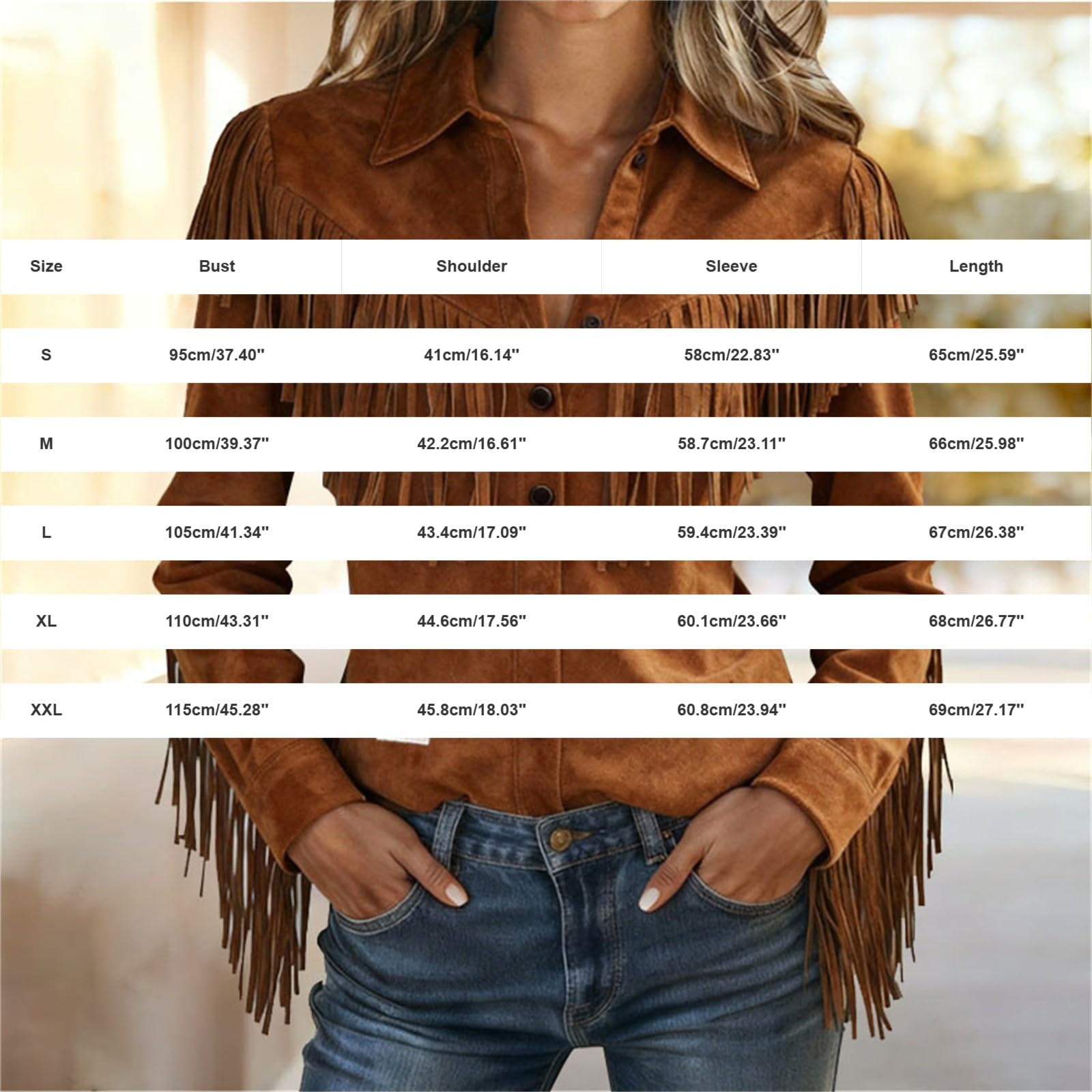 Chemise western pour femme - En daim avec franges - Style cowboy - Style bohème - Costume de carnaval - Style hippie - Style bohème