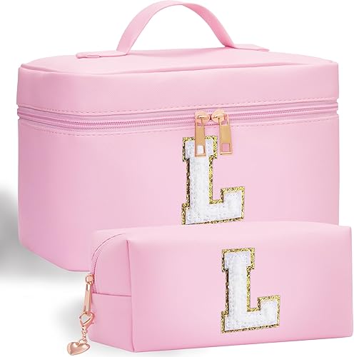 Miniatura 17 de Bolsa de maquillaje con inicial, 2 bolsas de maquillaje con iniciales para mujeres y niñas, bolsa de cosméticos personalizada con monograma