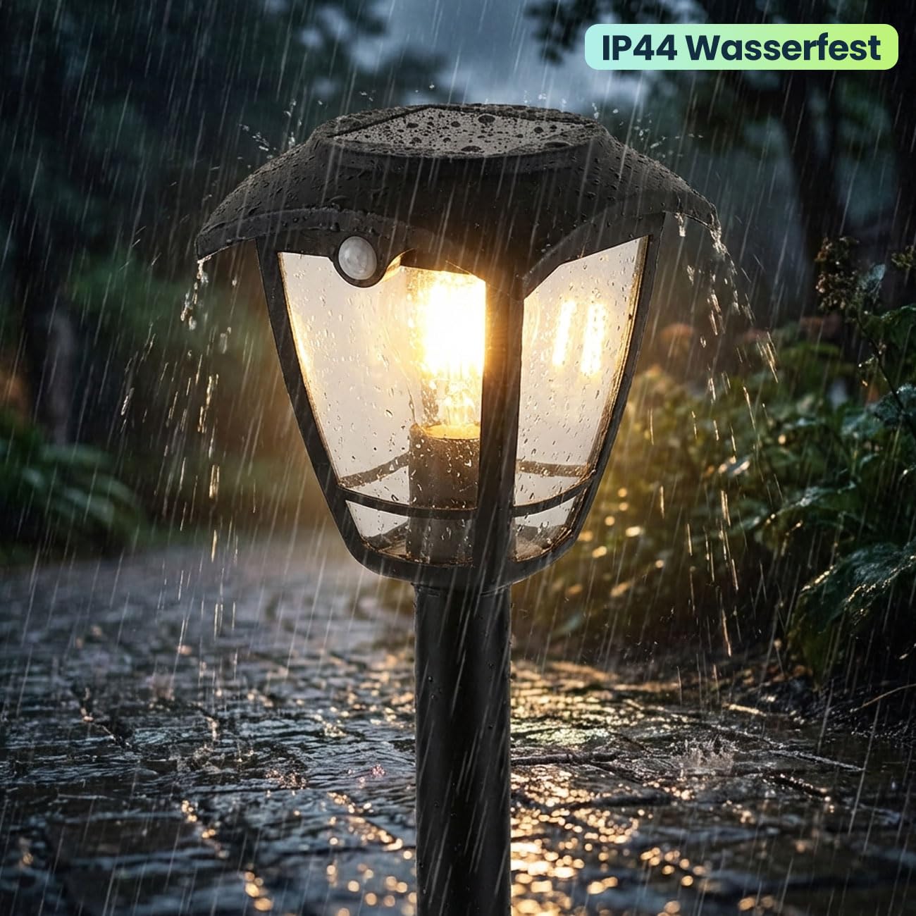 ideoon 2er-Set Solar-LED-Gartenlaterne mit PIR Bewegungssensor 90° & 6m Reichweite, IP44 Wasserfest, E27 Filament Lampe, 3 Modi, 111,5 cm, Aussenleuchte