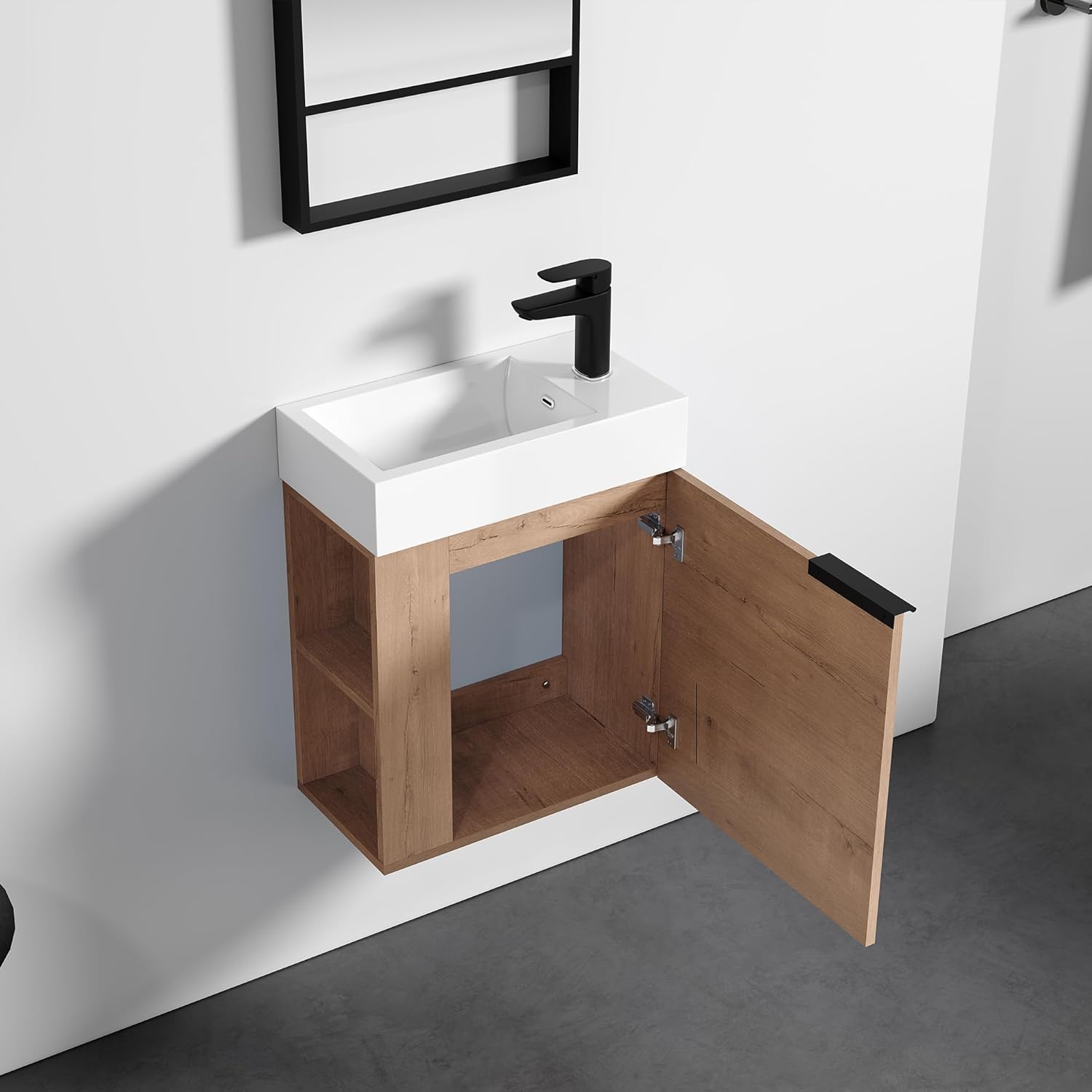 Dowell 18" Inch Oak Natural Small Bathroom Vanity with White Resin Sink Combo, Modern Bathroom Cabinet with Soft-Close Door, Wall Mounted Single Bathroom Vanity Set with Side Shelves-011 1810 12