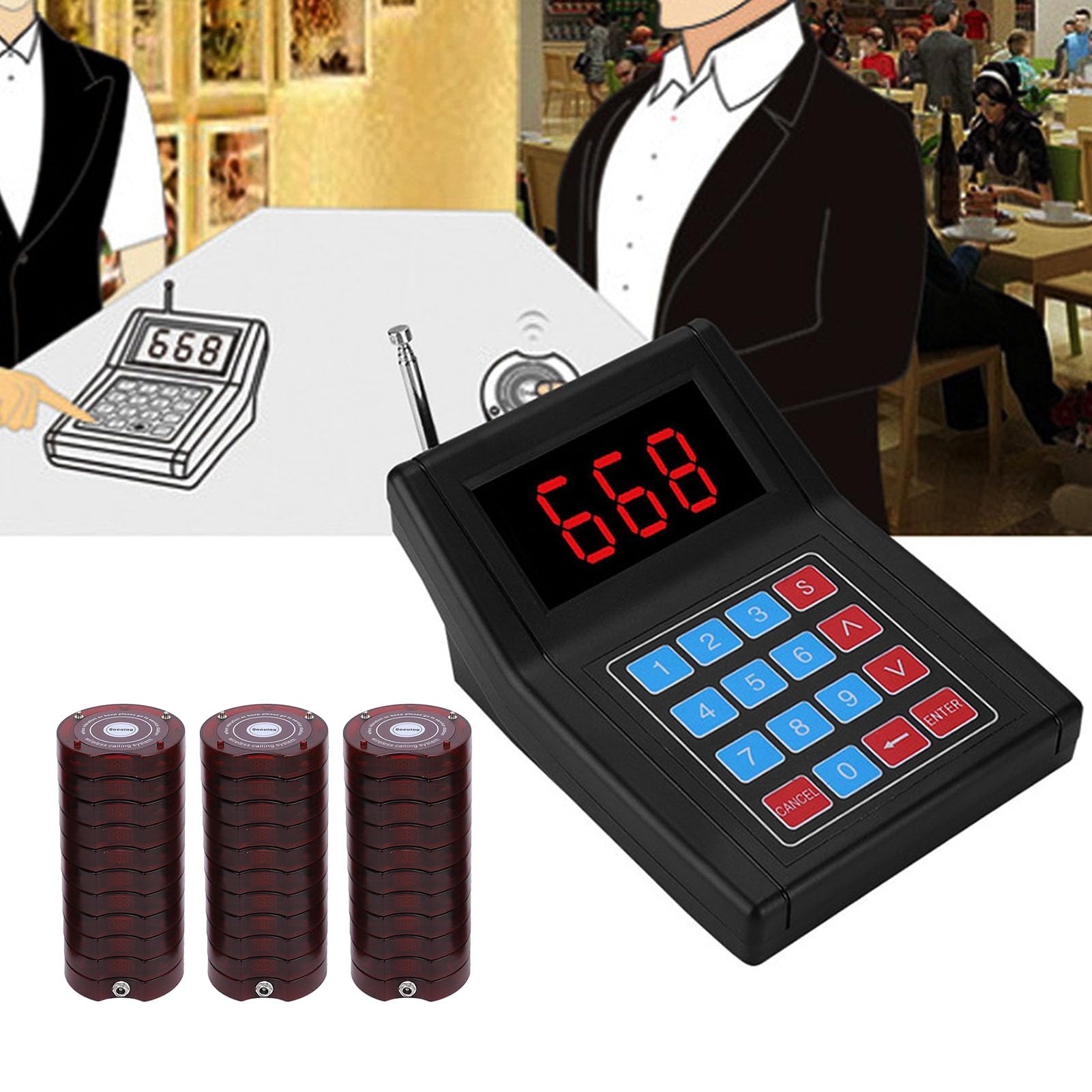 Restaurant Pager System, 30 Coaster Beeper Buzzer System, Guest Customer Queue Pagers for Food Truck Church Nursery Clinic Coffee Shop Hotel (Red)