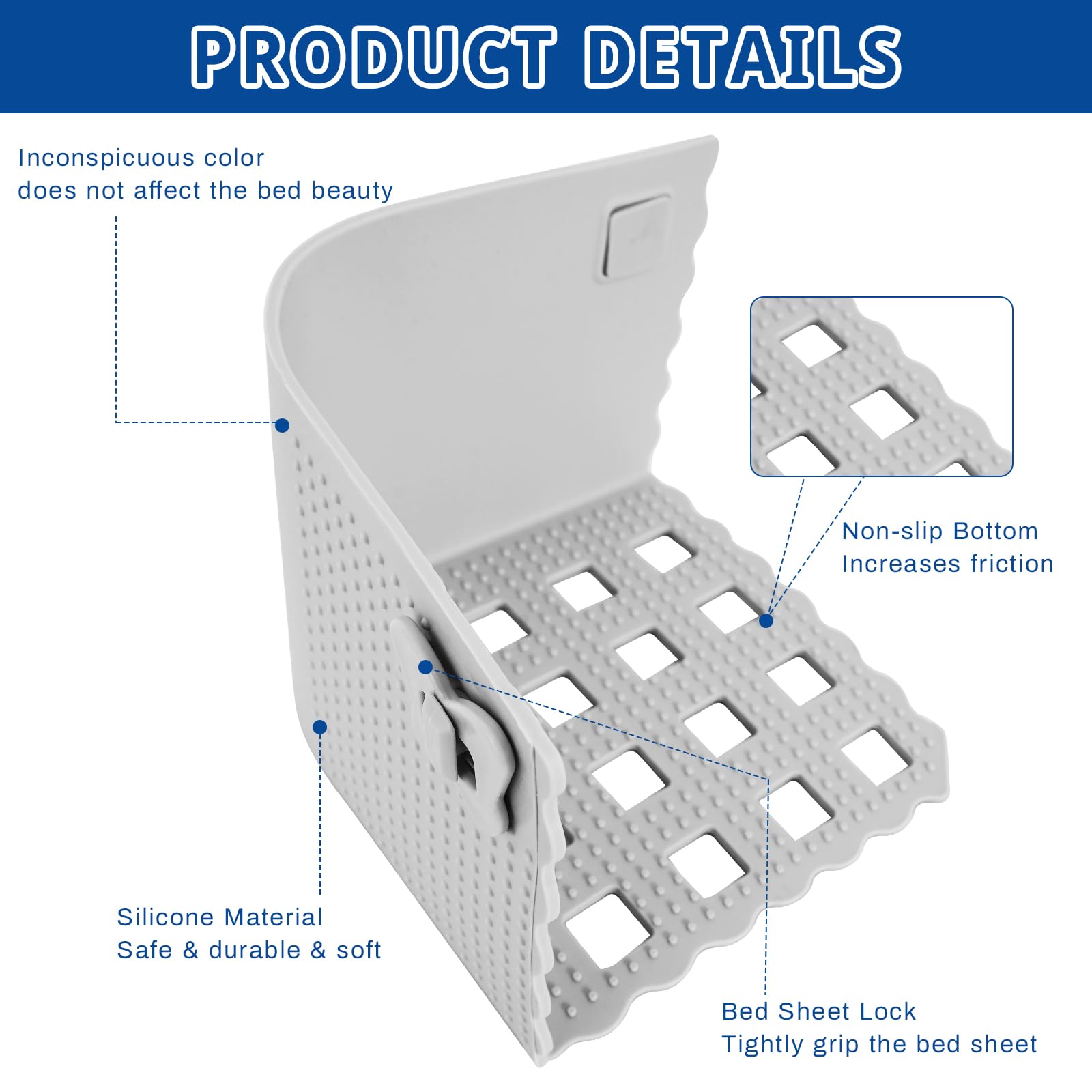 Bed Sheet Holders Keep Sheets Firm & Tight, Fitted Sheet Corners Holders with Lock, Bed Sheet Clips/Straps for Lateral Sleepers and Restless Partners, Fits All Sheet Sizes, Grey