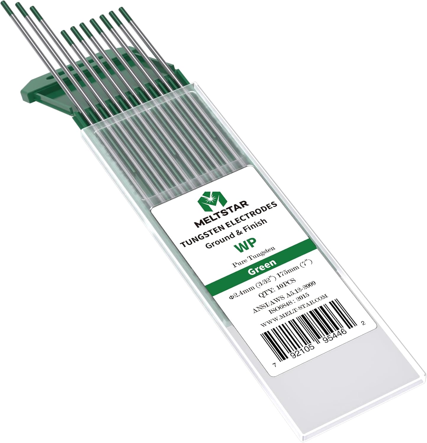 TIG Welding Tungsten Electrodes Pure Tungsten 3/32” x 7” (Green, WP) 10-Pack