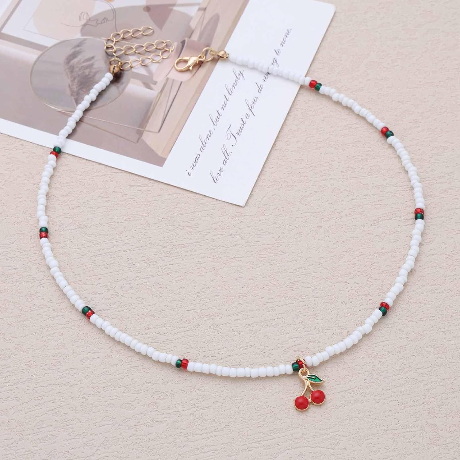 Vintage Seed Bead Choker Necklace Cherry Pendant Necklace White Rice Bead Chain Necklace Red Cherry Chain Necklace Red Fruit Choker necklace Jewelry for Women - Image 3