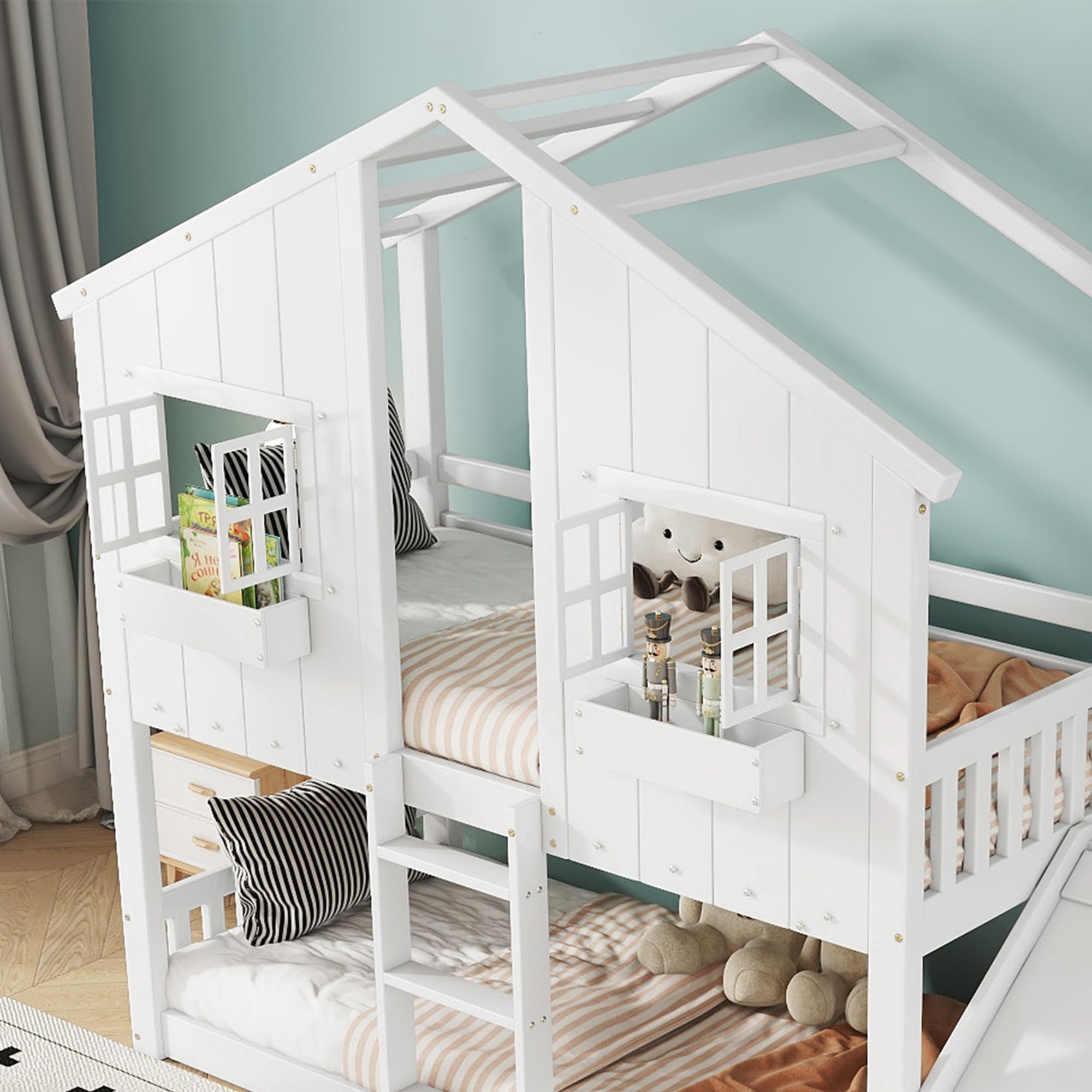 Yihomfy Lit Cabane Enfant 90x200 avec Toboggan, Lit Mezzanine en Pin avec 2 Boîtes de Rangement, Échelle et Barrière de Sécurité, Structure Pin Renforcée, Gain de Place, sans Matelas, Blanc-E