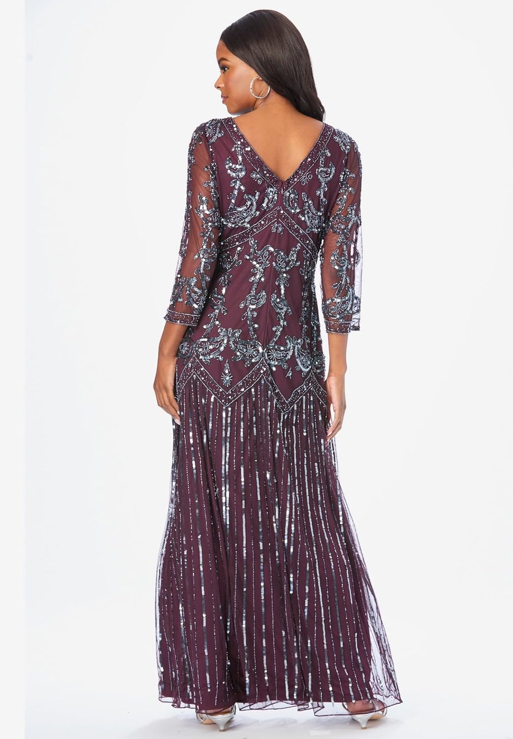 Roaman's Women's Plus Size Beaded V-Neck 3/4 Sleeve Sleeve Maxi Gown