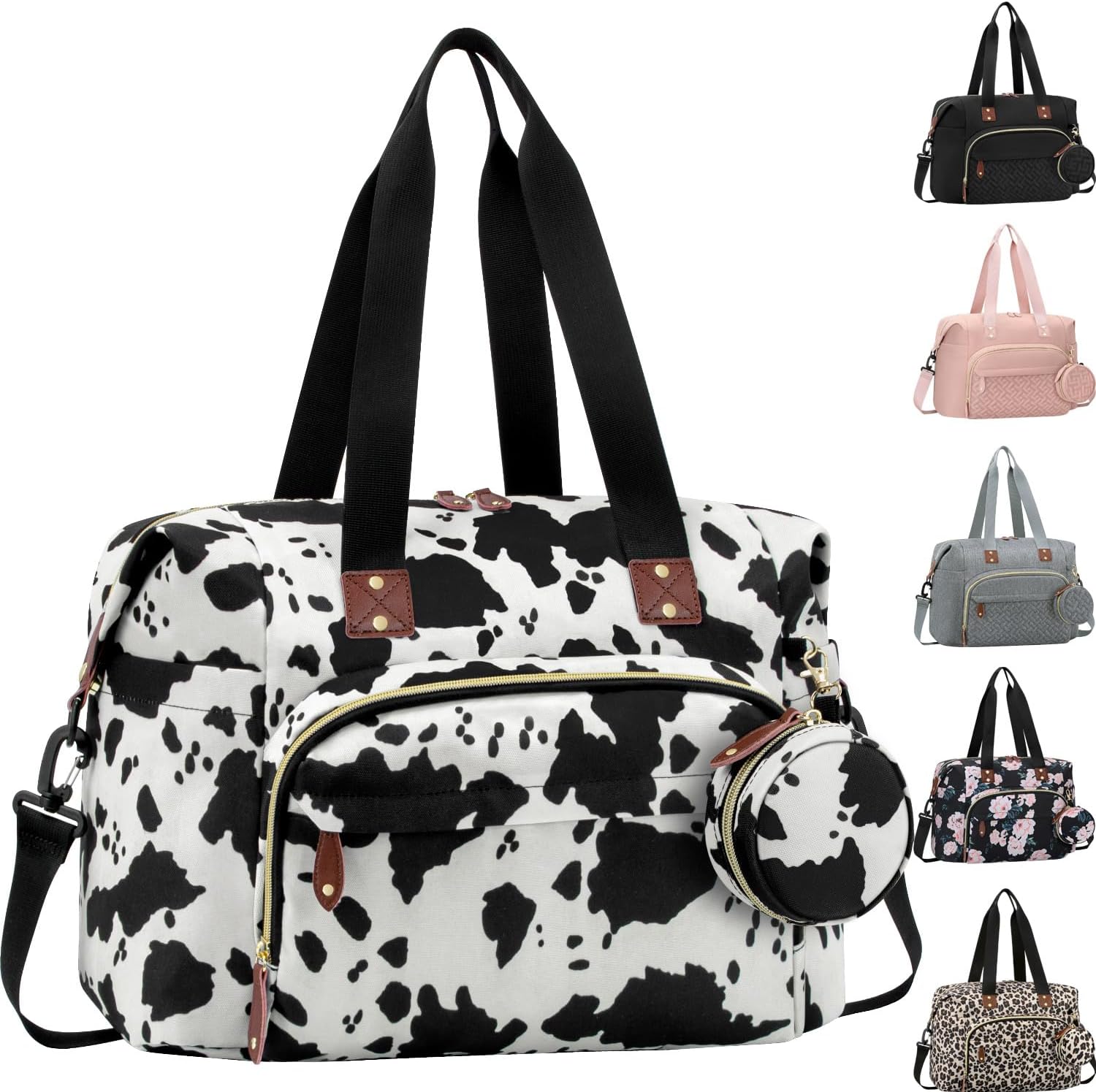 Diaper Bag Tote with Pacifier Case, Baby Bag for Women with Shoulder Straps, Travel Diaper Tote for for Mom and Dad Medium Size, Cow Print