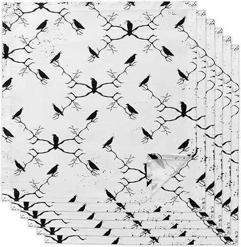Servilletas de tela de cocina, paquete de 6 servilletas de cena de ramas de árbol de cuervo negro de Halloween, servilletas de mesa suaves para