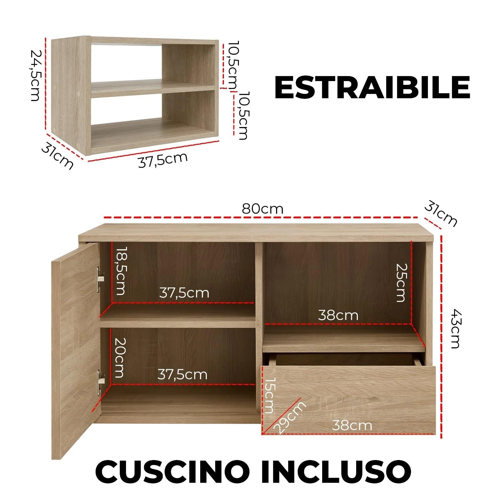 MAKA Scarpiera Panca Ingresso con Seduta, Portascarpe con Cuscino Imbottito L80xP35xA46, Capacità Seduta 200 Kg, Scarpiera con Scomparti a Scaffale, Legno Resistente (Bianco)