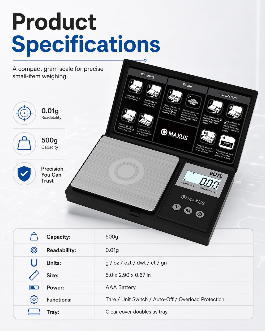 MAXUS Digital Pocket Gram Scale 500g x 0.01g High Precision with Tray, Weighs Small Food, Jewelry, Ounces, Grains, LCD Display, Tare Function